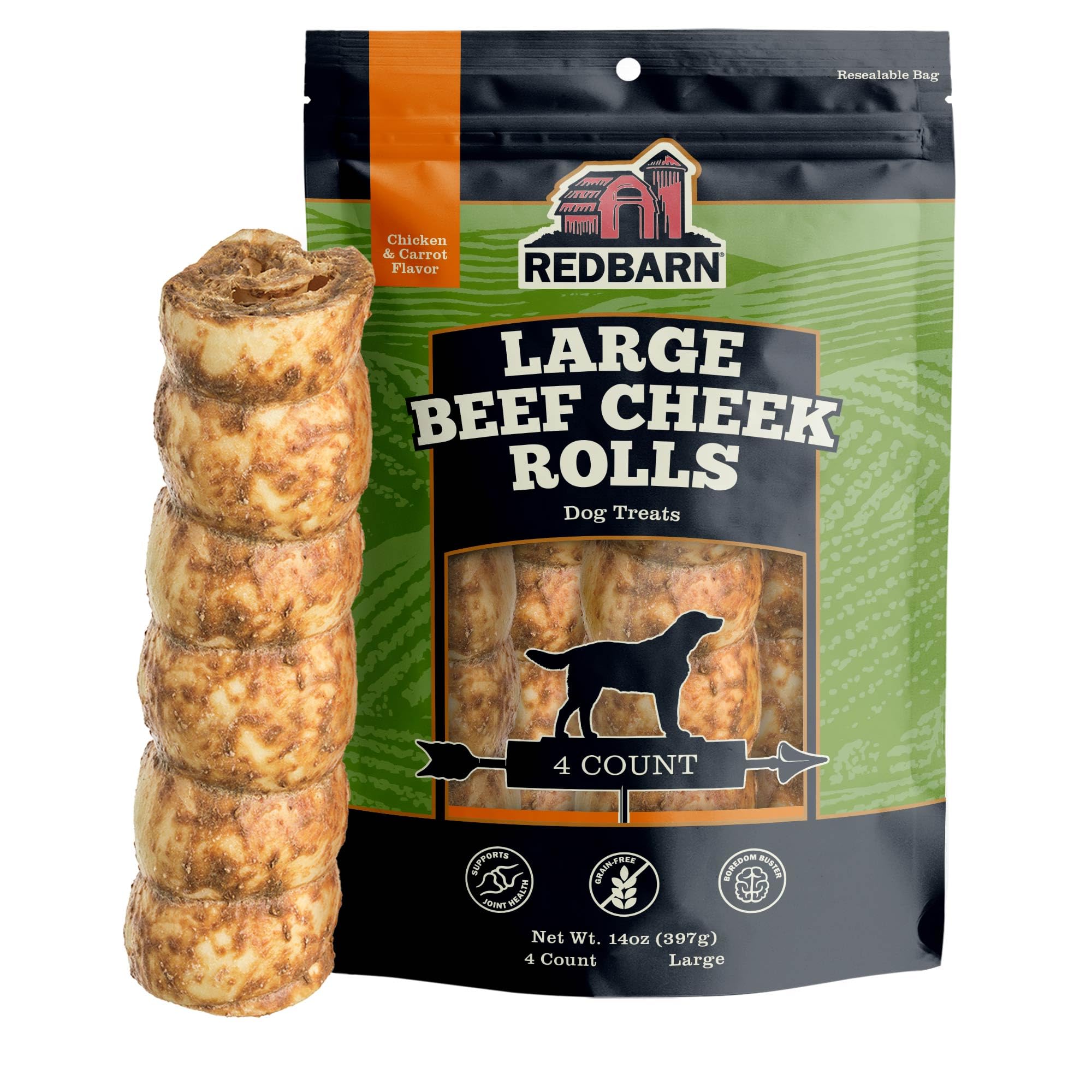 Redbarn Pet Products All-Natural Large Beef Cheek Rolls for Dogs, Chicken & Carrot Glazed - Single Ingredient Grain-Free Chew Tr