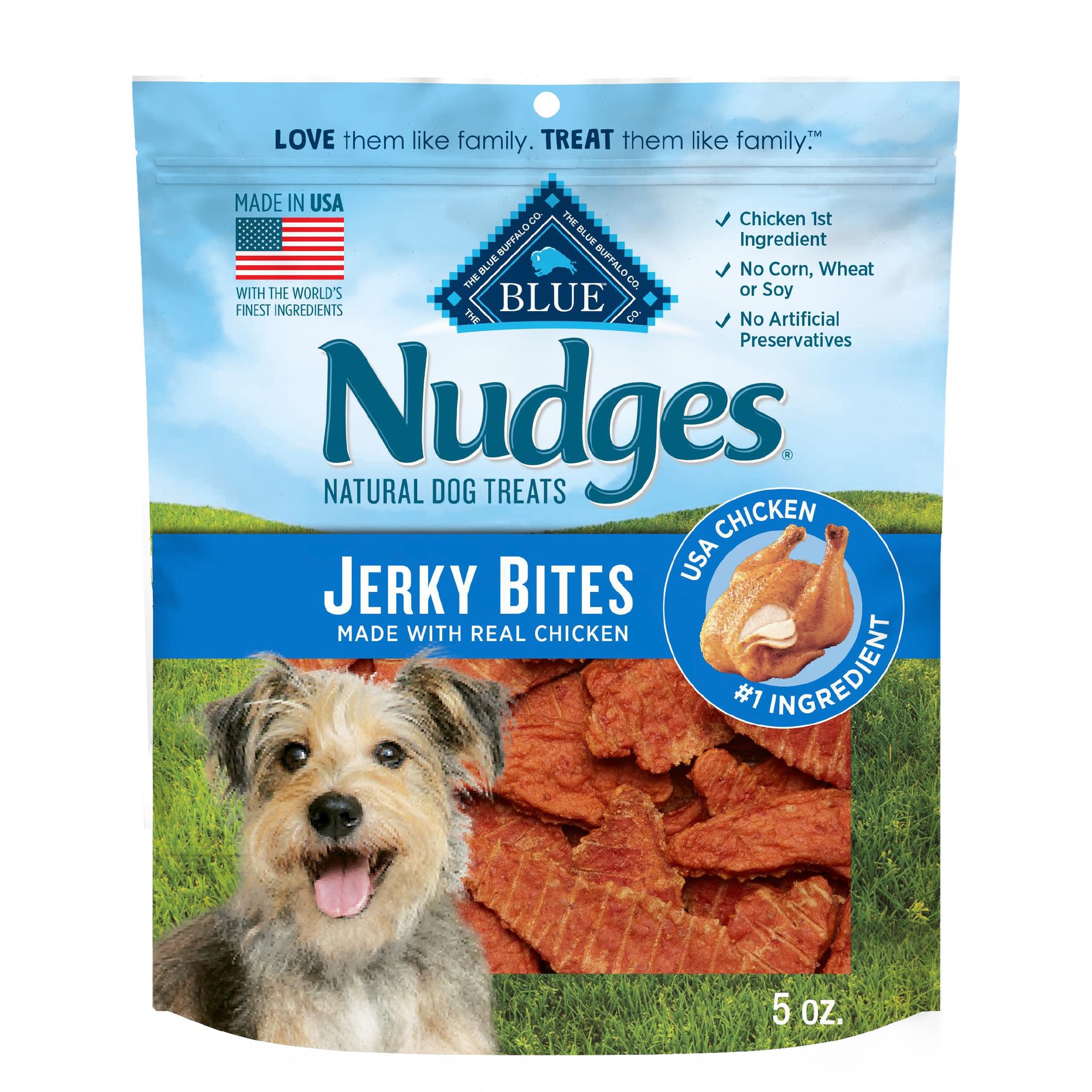 Blue Buffalo Nudges Jerky Bites Dog Treats, Made in the USA with Natural Ingredients, Bite-Sized Pieces, Chicken, 5-oz Bag