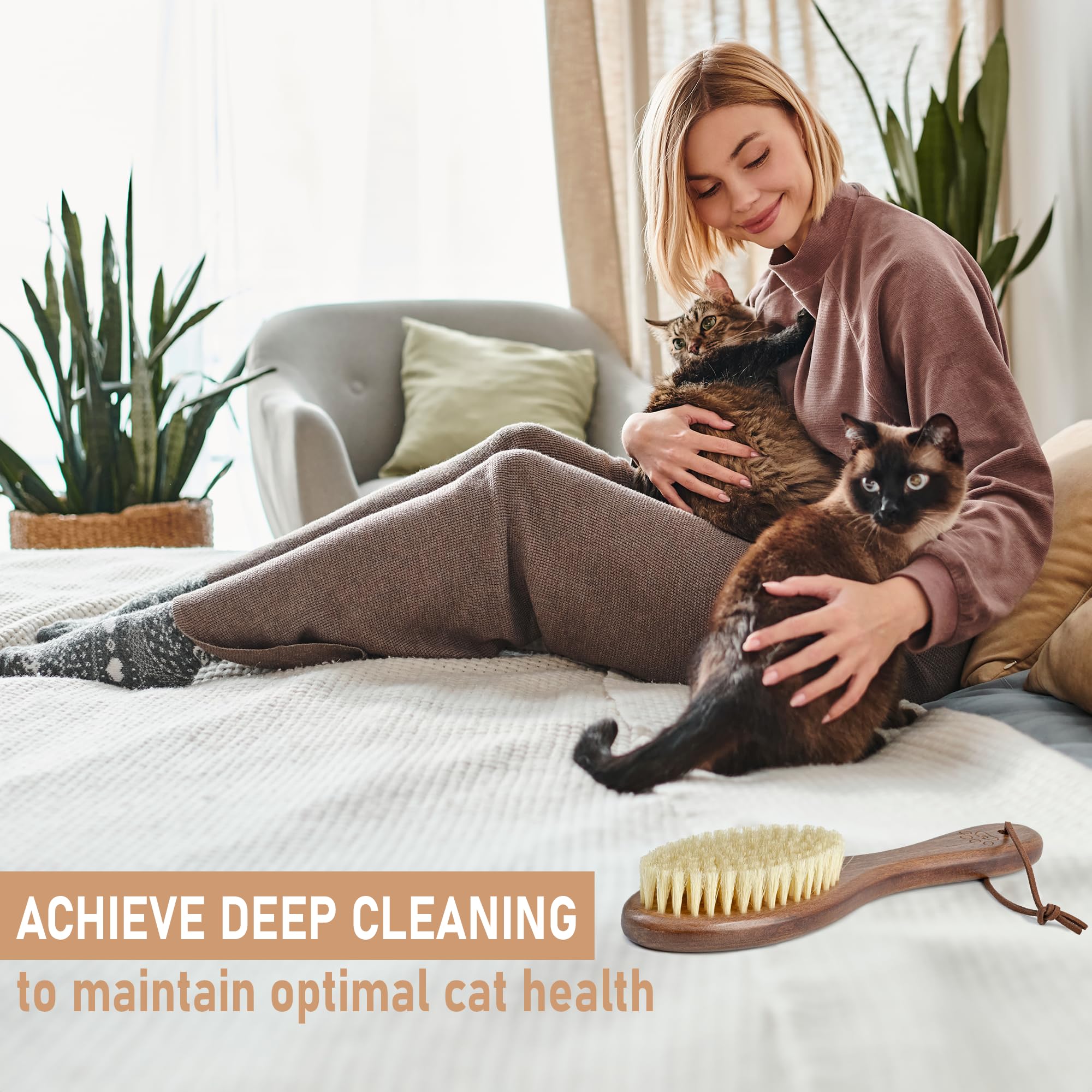 Takavu Natural White Boar Bristle Cat Brush - Gentle Grooming Tool For Sensitive Skin, Smoothing Fur & Healthy Shine - Soft Pet