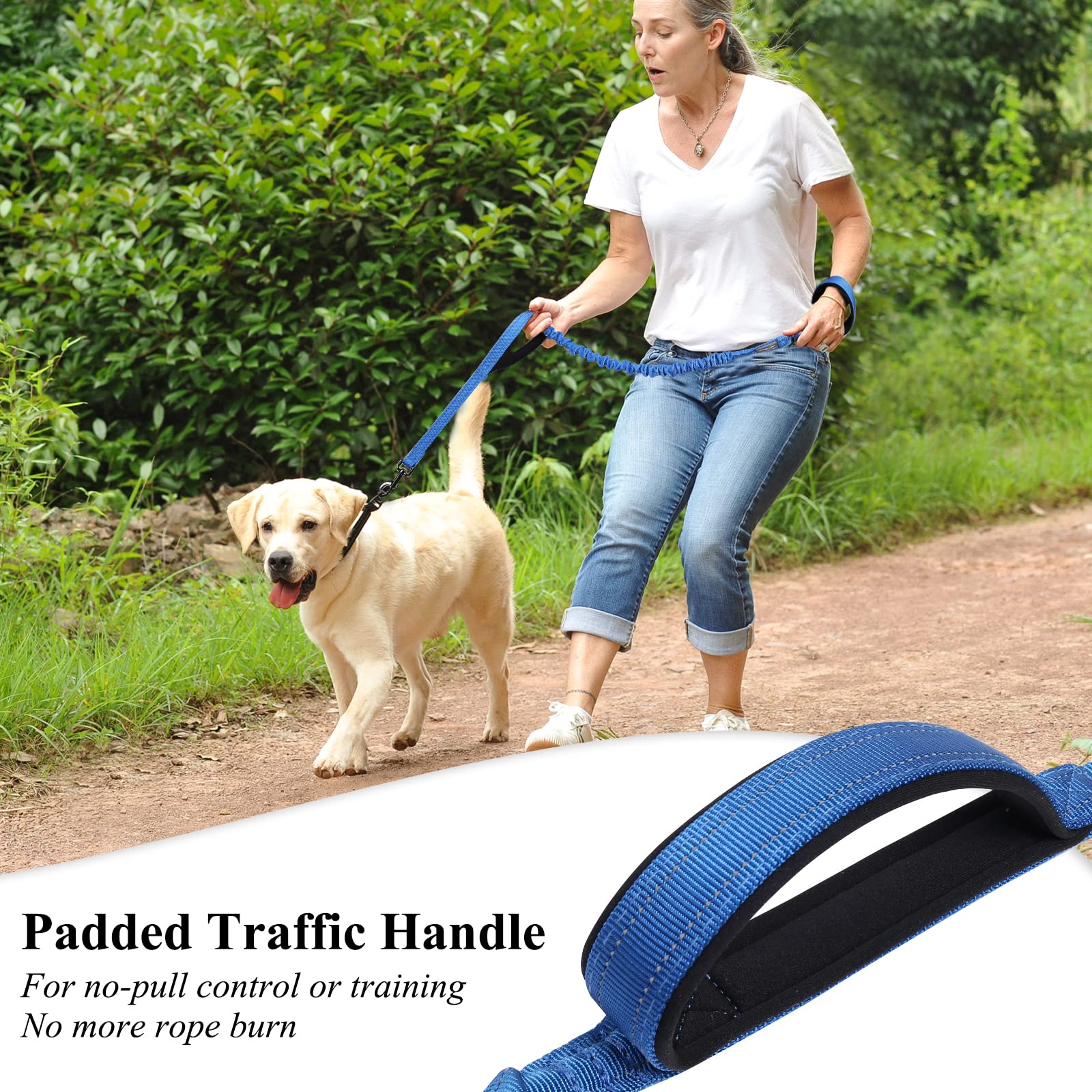 Vivaglory Heavy Duty Bungee Dog Leash, Dual Padded Handles No Pull Reflective Training Dog Leash With Traffic Handle For Medium