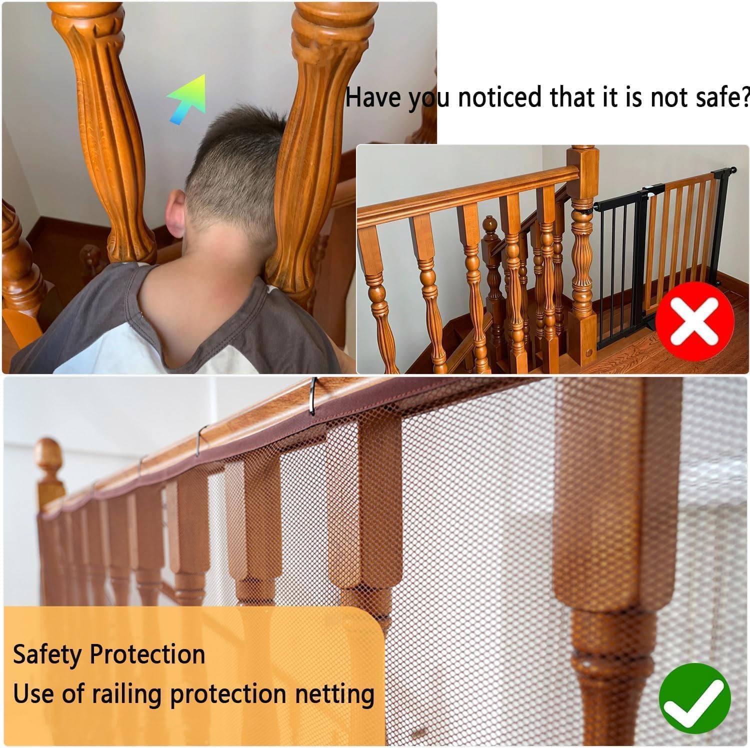 Banister Guard for Baby - 15ft x 3ft Balcony Netting for Pets, Stair Netting Child Safety Net, Stair Railing Proof Mesh for Kids
