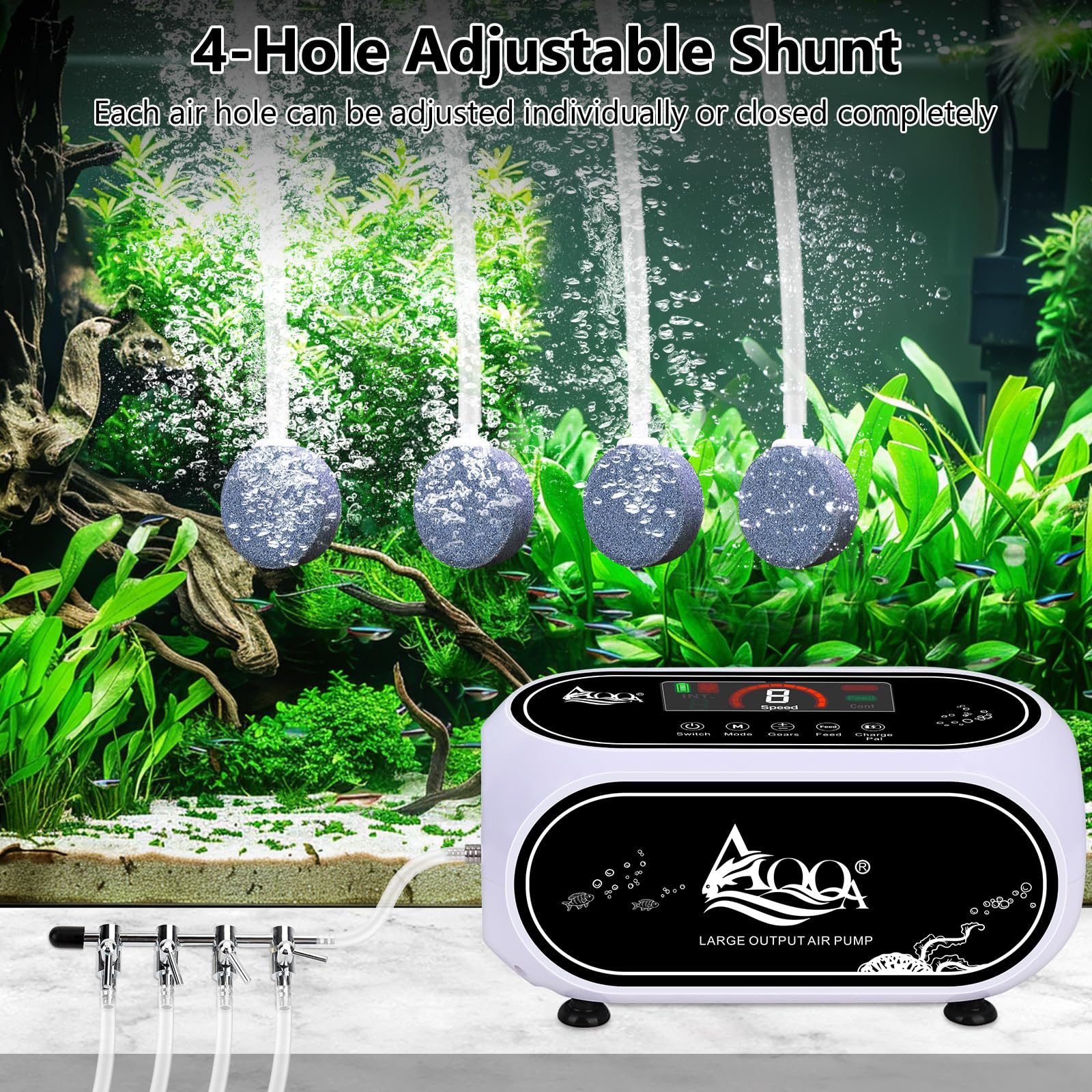AQQA Multifunction Aquarium Air Pump,Powerful Rechargeable Battery Fish Tank Air Pump,Multi-Gear Continuous Mode+Intermittent Mo