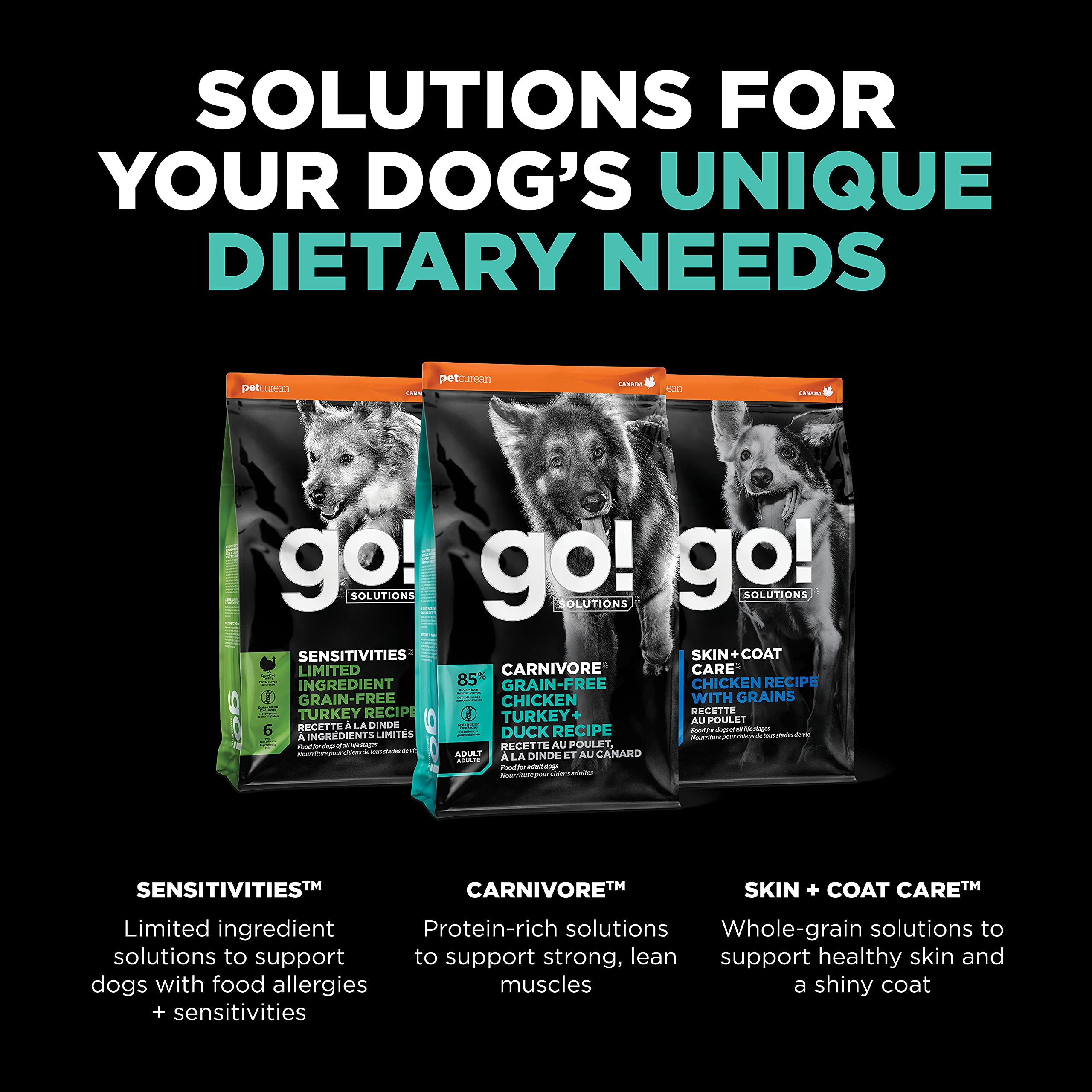 Go! Solutions Carnivore, Grain-Free, Protein Rich Dry Dog Food, Chicken, Turkey and Duck Adult Recipe, 12 lb Bag