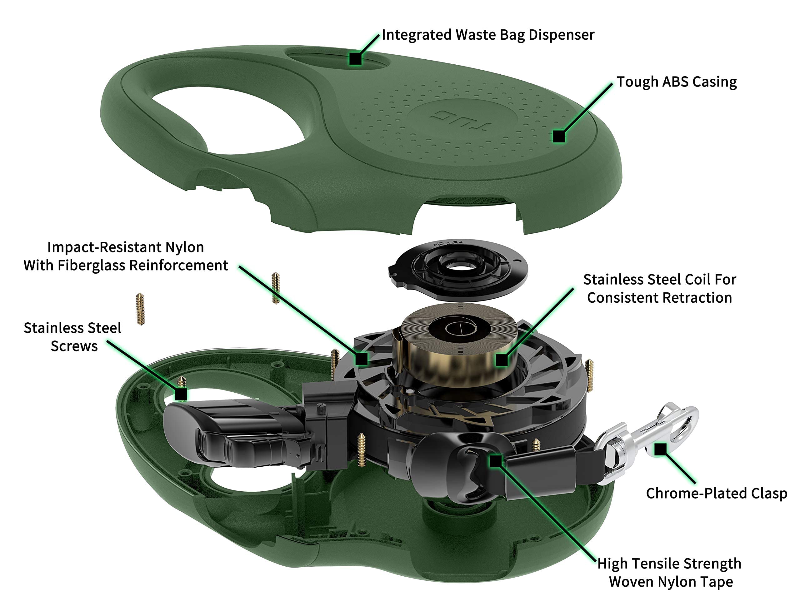 Tug Oval 360 Tangle-Free Retractable Dog Leash With Integrated Waste Bag Dispenser (Small, Green)