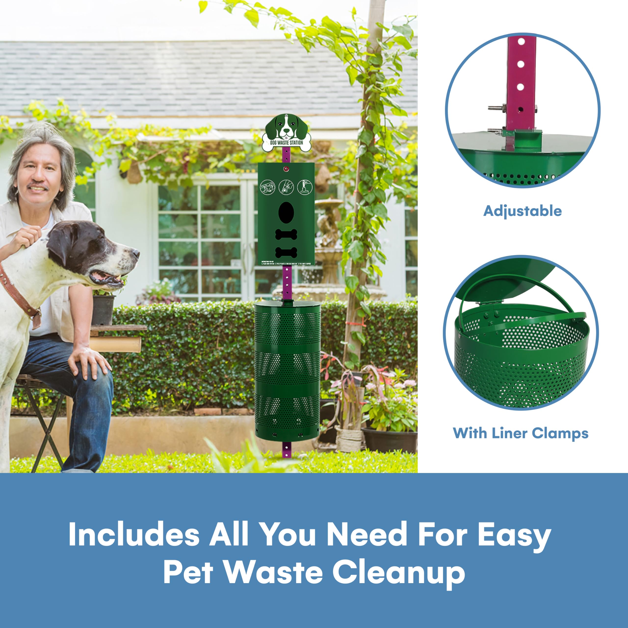 Flybold Dog Waste Station - Outdoor Dog Poop Trash Can With Poop Bag Dispenser - 400 Roll Bags, 200 Pull Bags, 50 Can Liners - P