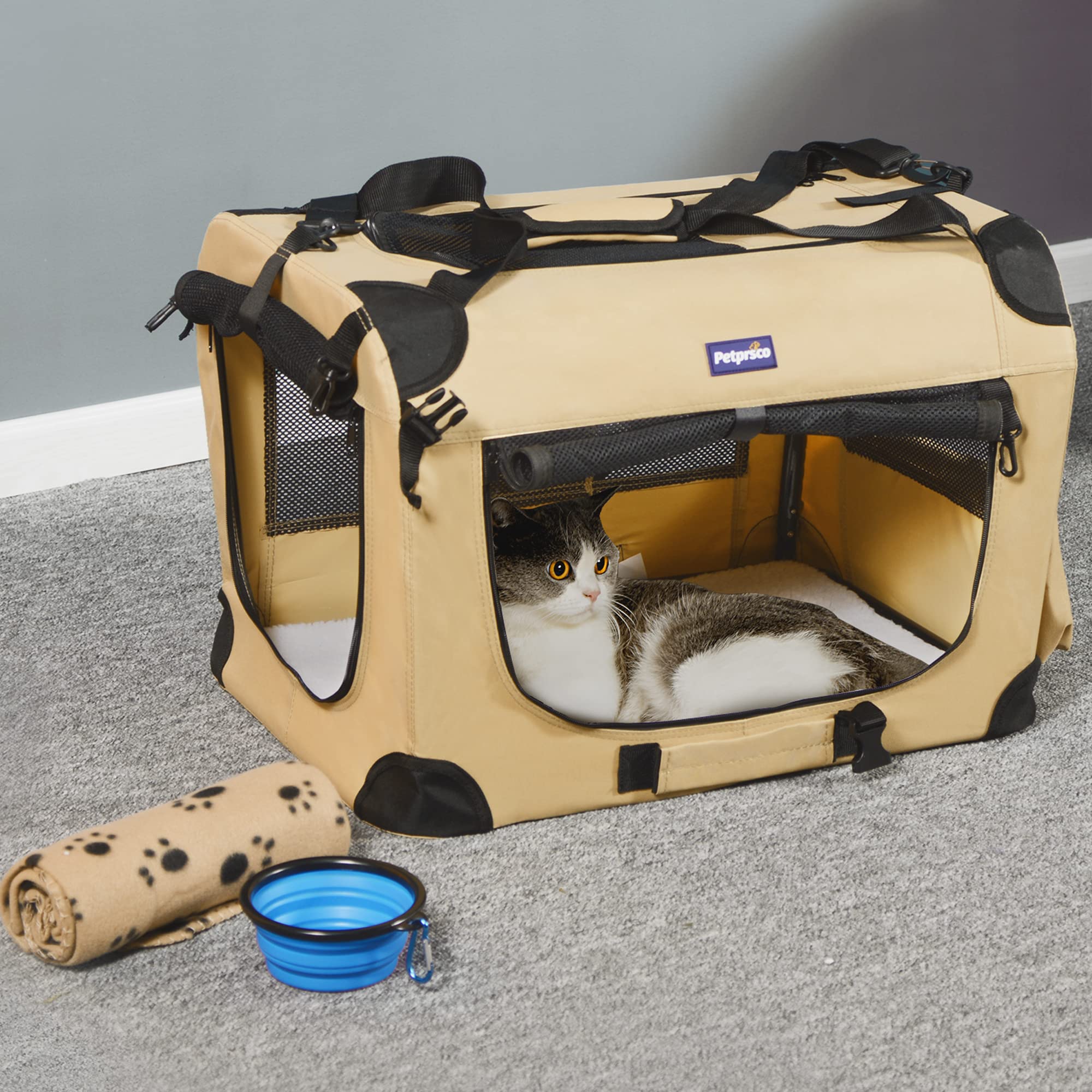 Petprsco Portable Collapsible Dog Crate, Travel Dog Crate 24X17X17 With Soft Warm Blanket And Foldable Bowl For Large Cats & Sma