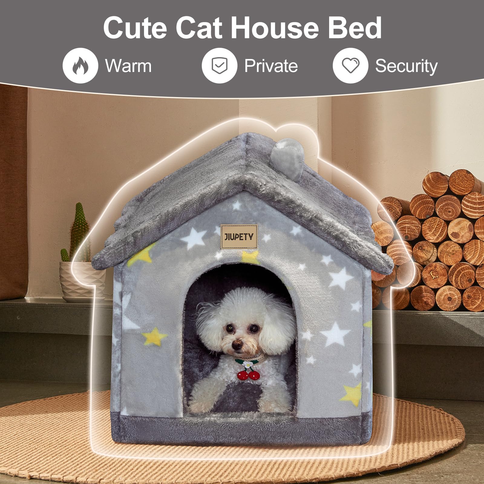 Jiupety Cute Small Dog House Indoor, Foldable House Kennel Bed Mat with Cushion, L Size Dog Tent Up to 30 lbs, Dog Cave Bed with