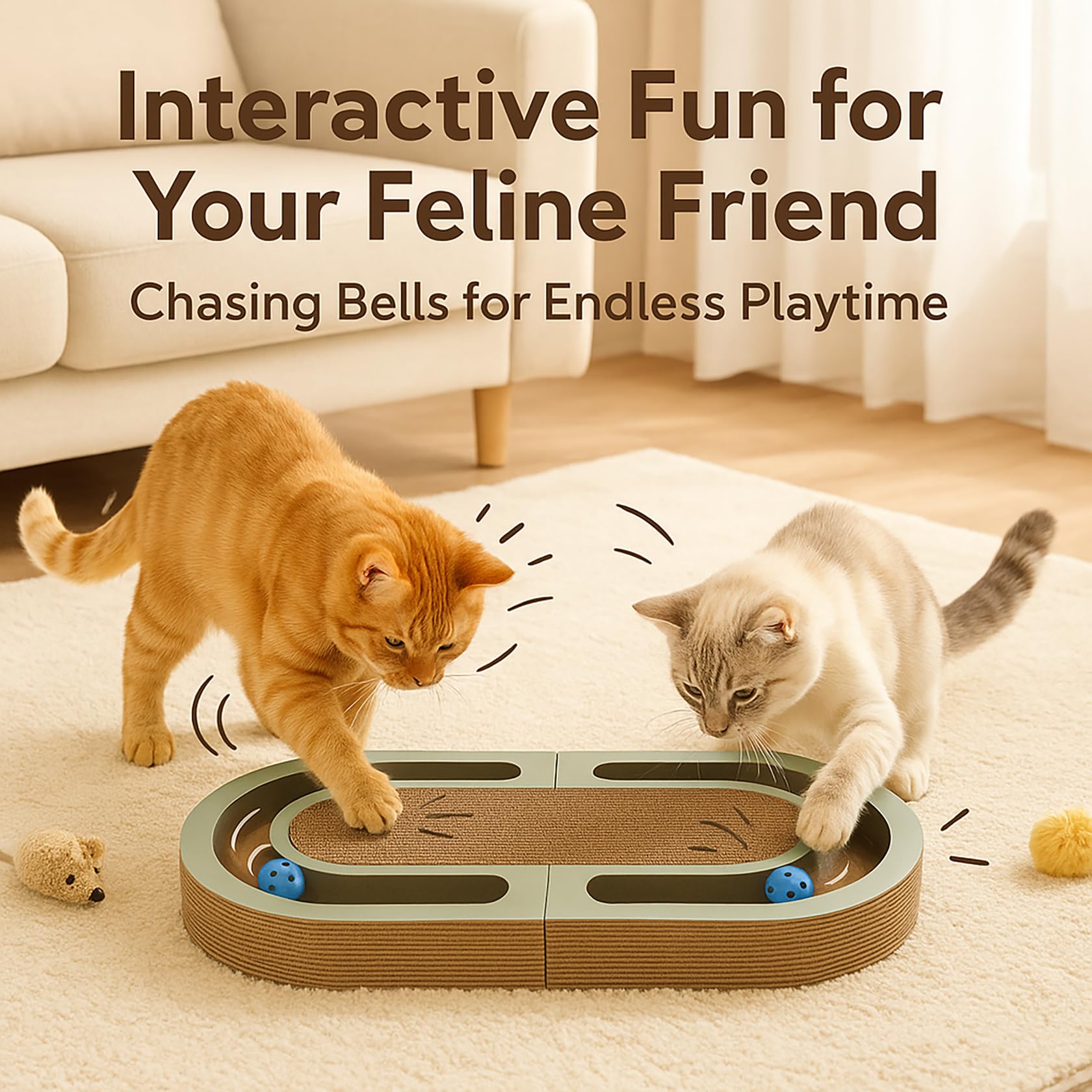 Leqos Extra Long 26'' Folding Cat Scratch Pad With Chasing Bells Double Sided Interactive Cardboard Cat Scratcher Cat Scratching