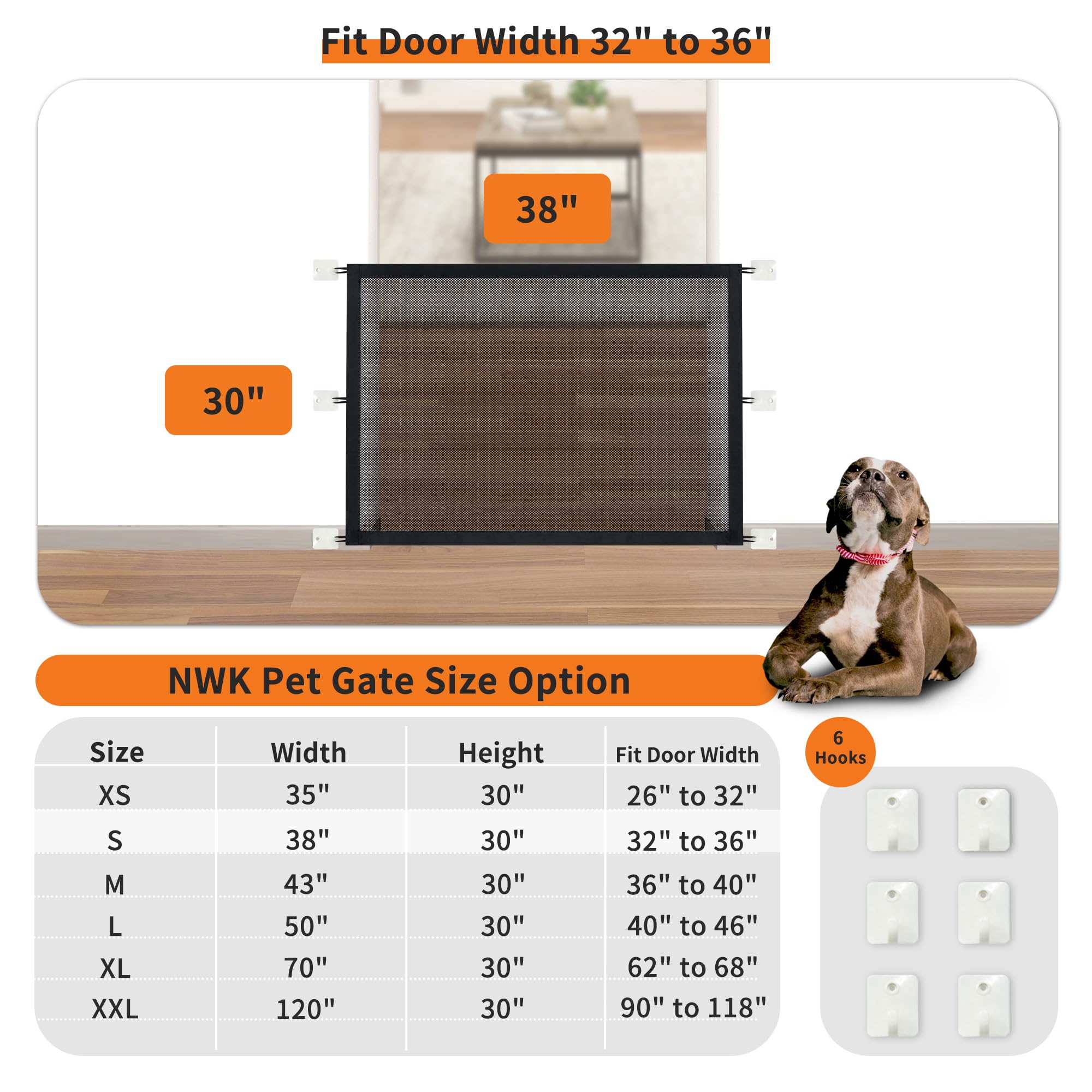 NWK Magic Dog Gate - Stairs Pet Gate, 30''x38'', Black, Plastic, 6 Hooks Design, Model Pet Gate Parent
