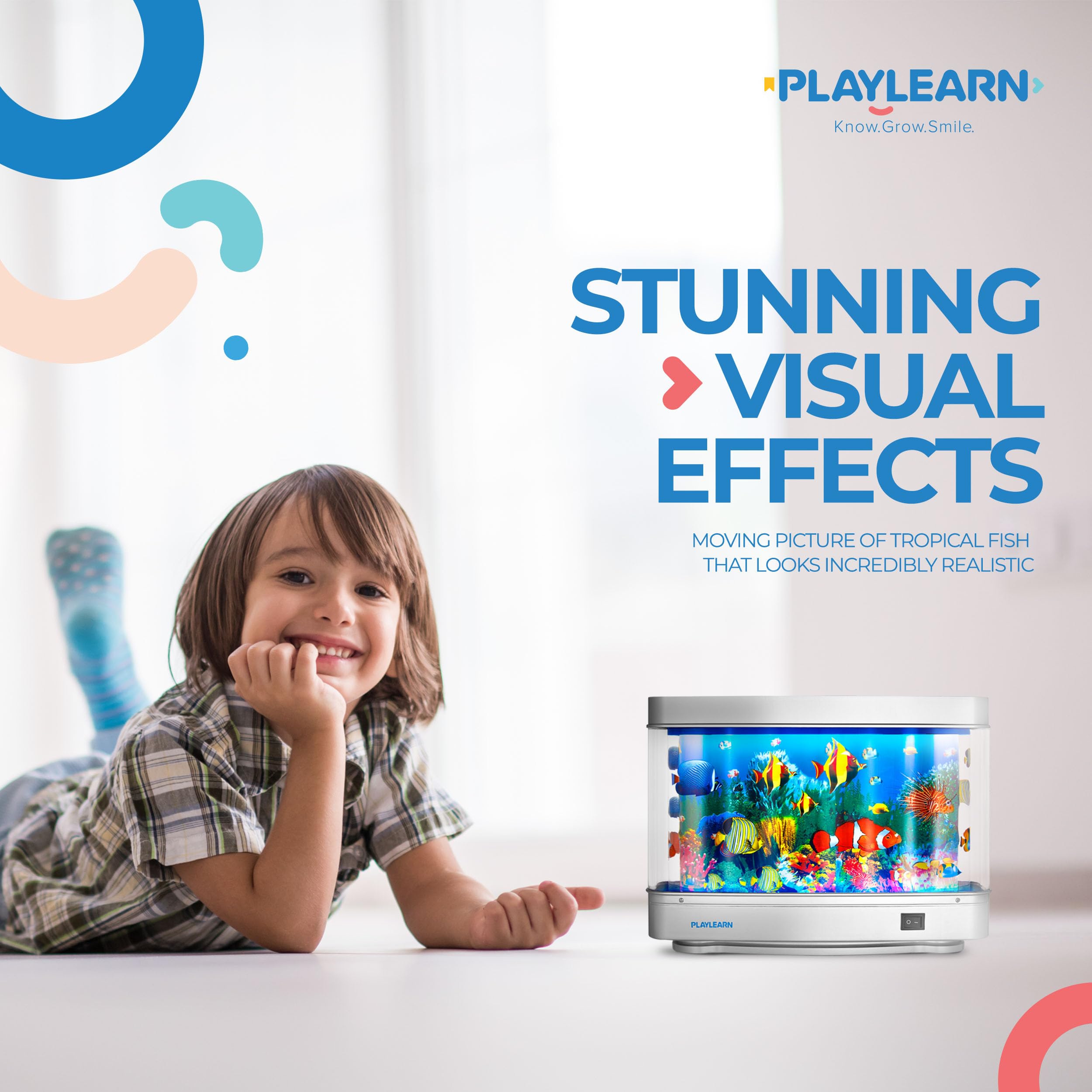 Playlearn Fake Fish Tank Mini Aquarium - Artificial Fish Tank With Moving Fish - Fake Aquarium Lamp - Perfect Sensory Lamp