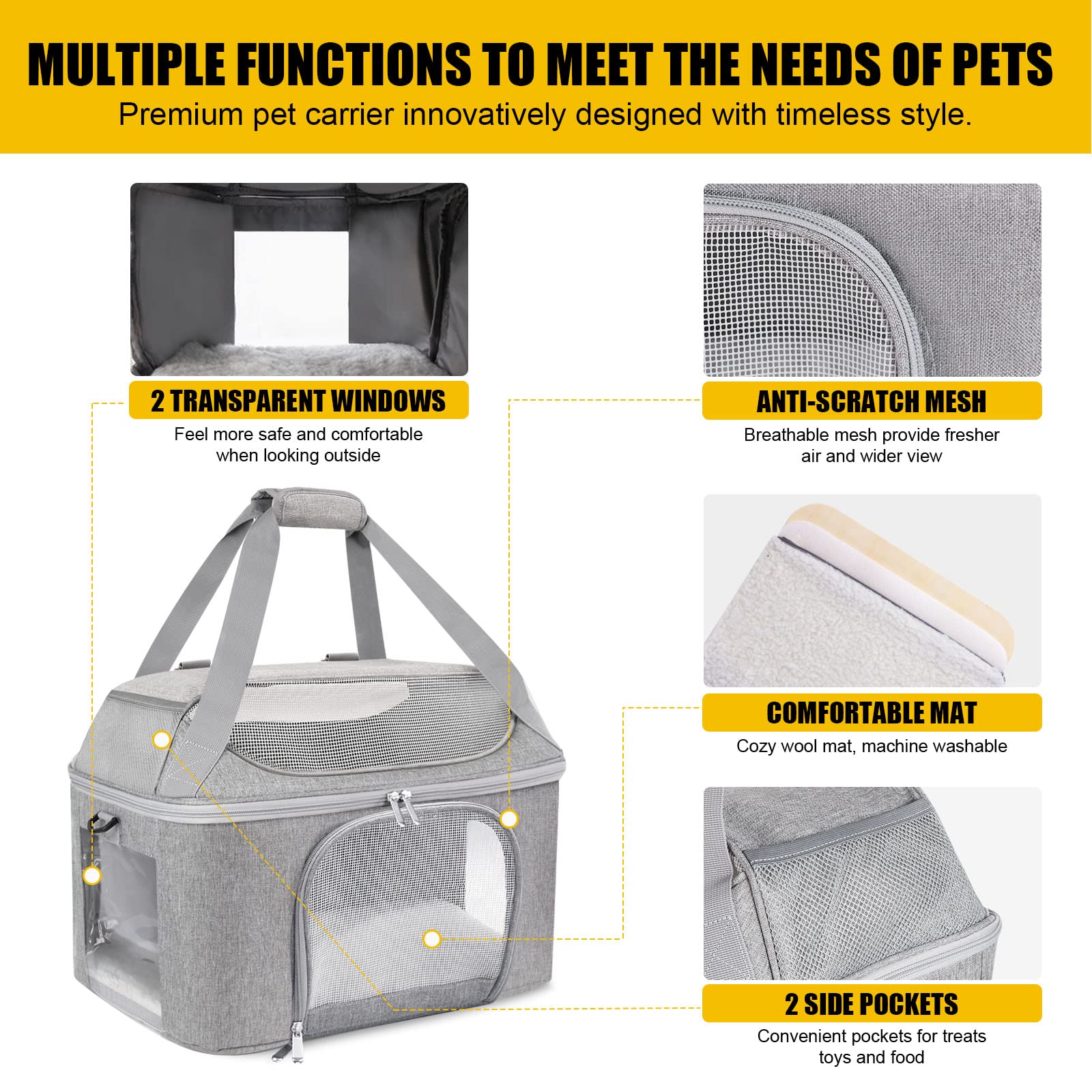 Bejibear Small Cat Carrier for 2 Cats, Oeko-TEX Soft Side, TSA Approved, Grey, Collapsible, for Cats & Small Dogs up to 20 lbs