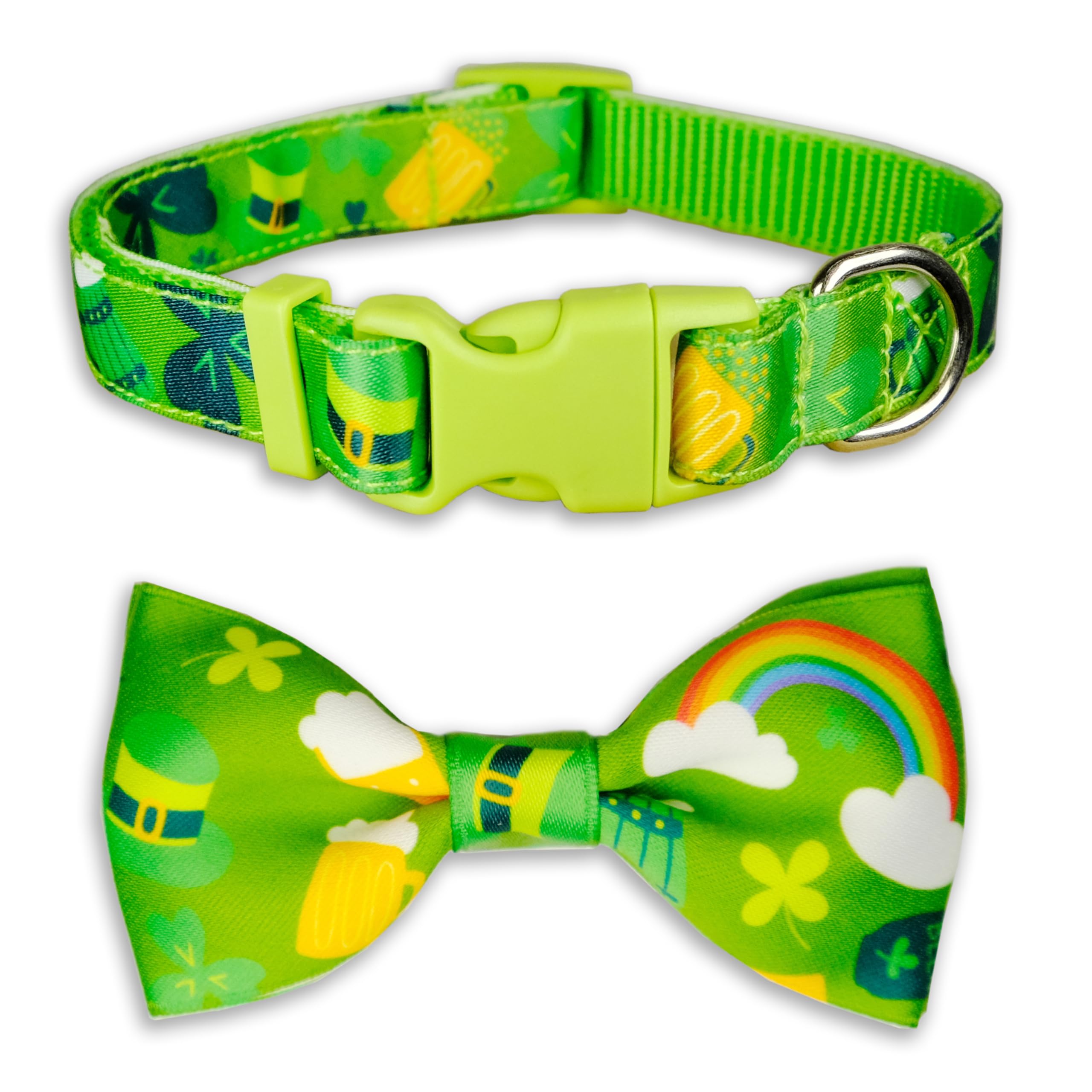 St. Patricks Day Dog Bow Tie Collar, Adjustable Green Shamrock Pattern Pet Collar With Detachable Bowtie, Festive And Comfortabl