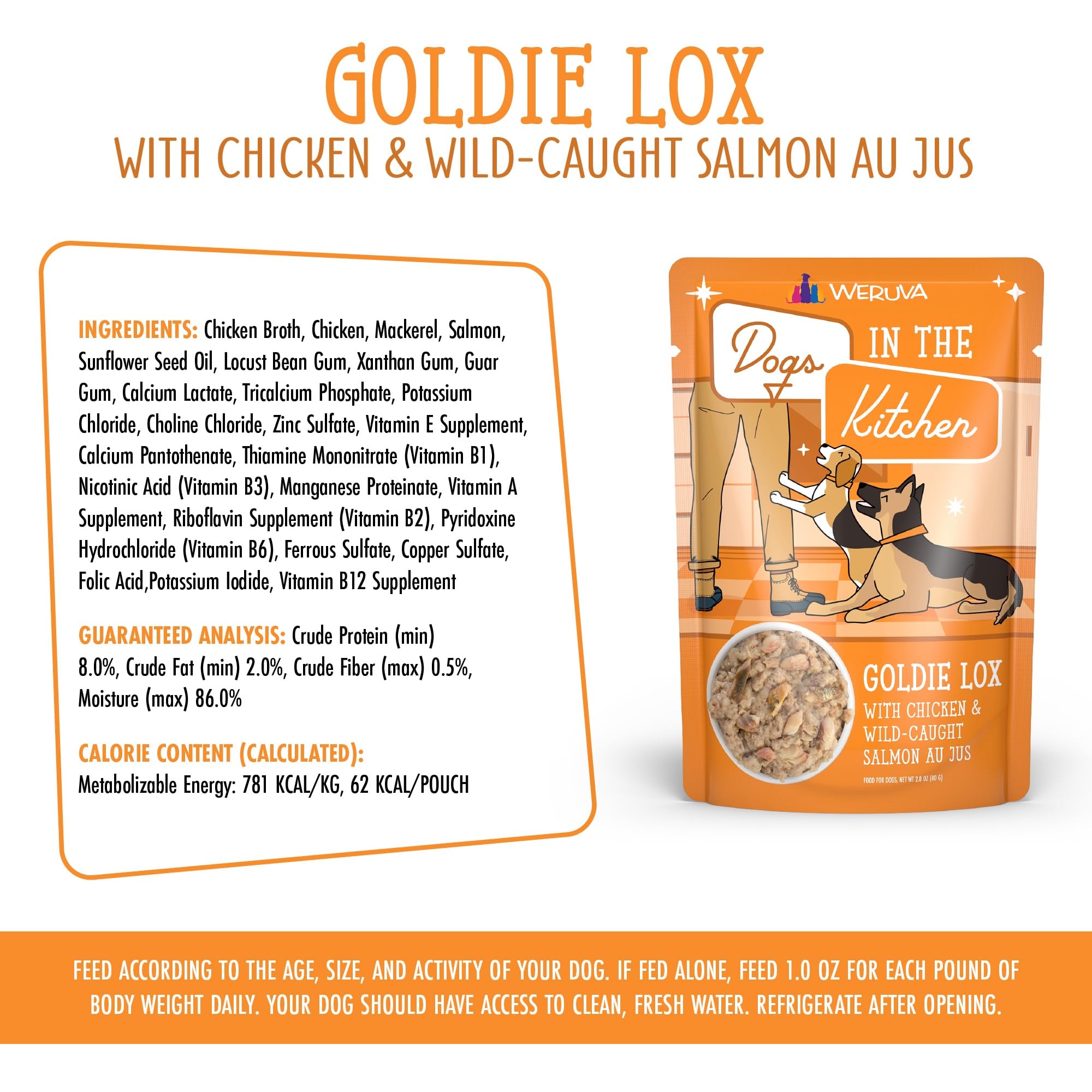 Weruva Dogs in The Kitchen, Goldie Lox with Chicken & Wild-Caught Salmon Wet Dog Food, 2.8oz Pouch (Pack of 12)