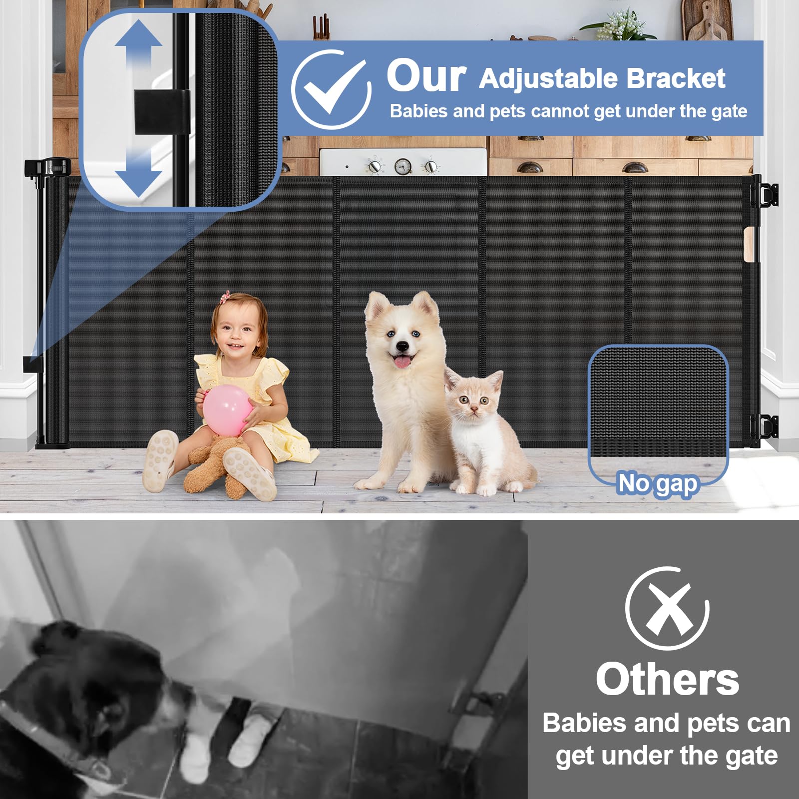 Reinforced Retractable Baby Gates with Support Beam 60'' Wide Retractable Dog Gate Indoor Prevent Children and Dogs from Crawlin