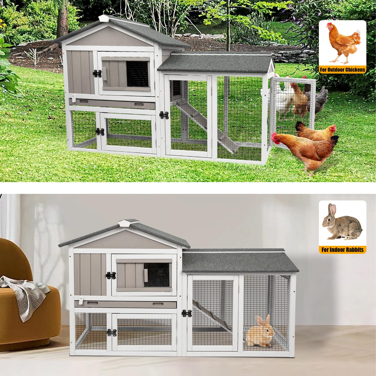 Petscosset 57'' L Rabbit Hutch Indoor And Outdoor 2-Story Rabbit Cage With Pull Out Tray,Fir Wood Guinea Pig Cages With Wooden R