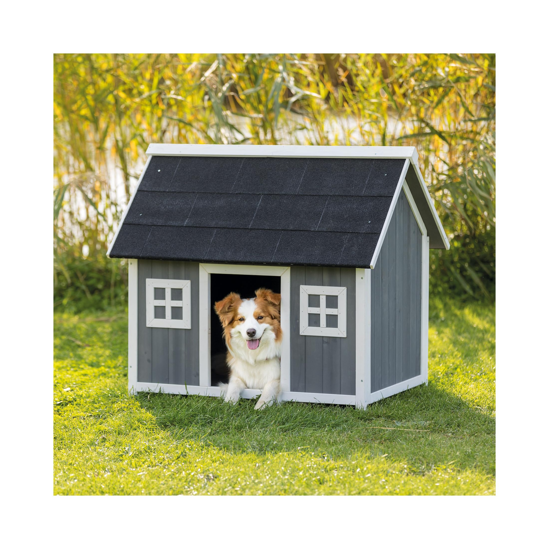 TRIXIE Natura Outdoor Dog House - Wooden Shelter for Small to Medium Dogs, Weatherproof, Gray, Model 39501, 41"x27.75"x36"