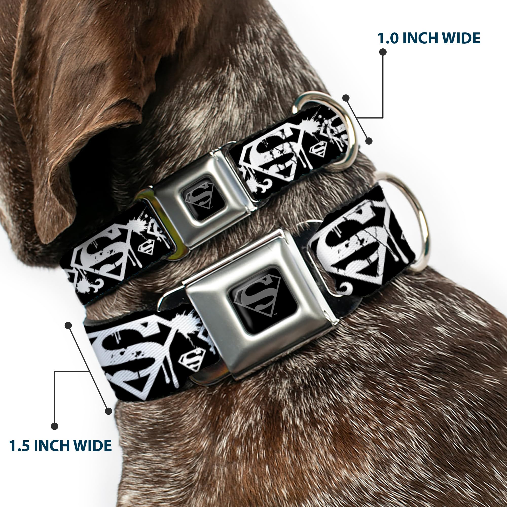 Buckle-Down Seatbelt Buckle Dog Collar - Superman Shield Splatter Black/White - 1.5' Wide - Fits 13-18' Neck - Small