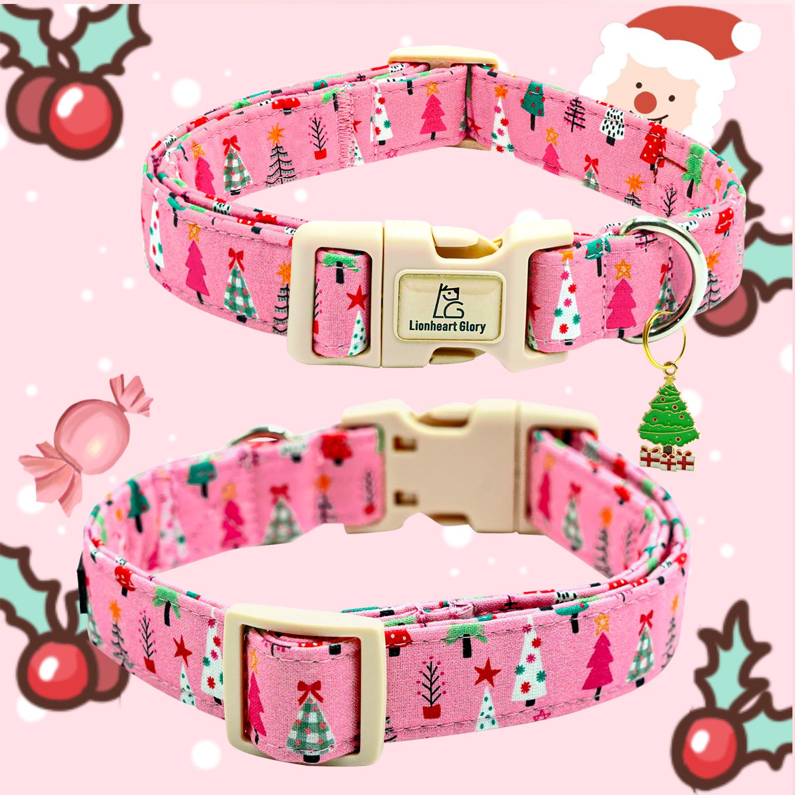 Lionheart Glory Christmas Dog Collar, Pink Christmas Tree Adjustable Soft Comfortable Collar For Medium Dogs For Girls Or Boys