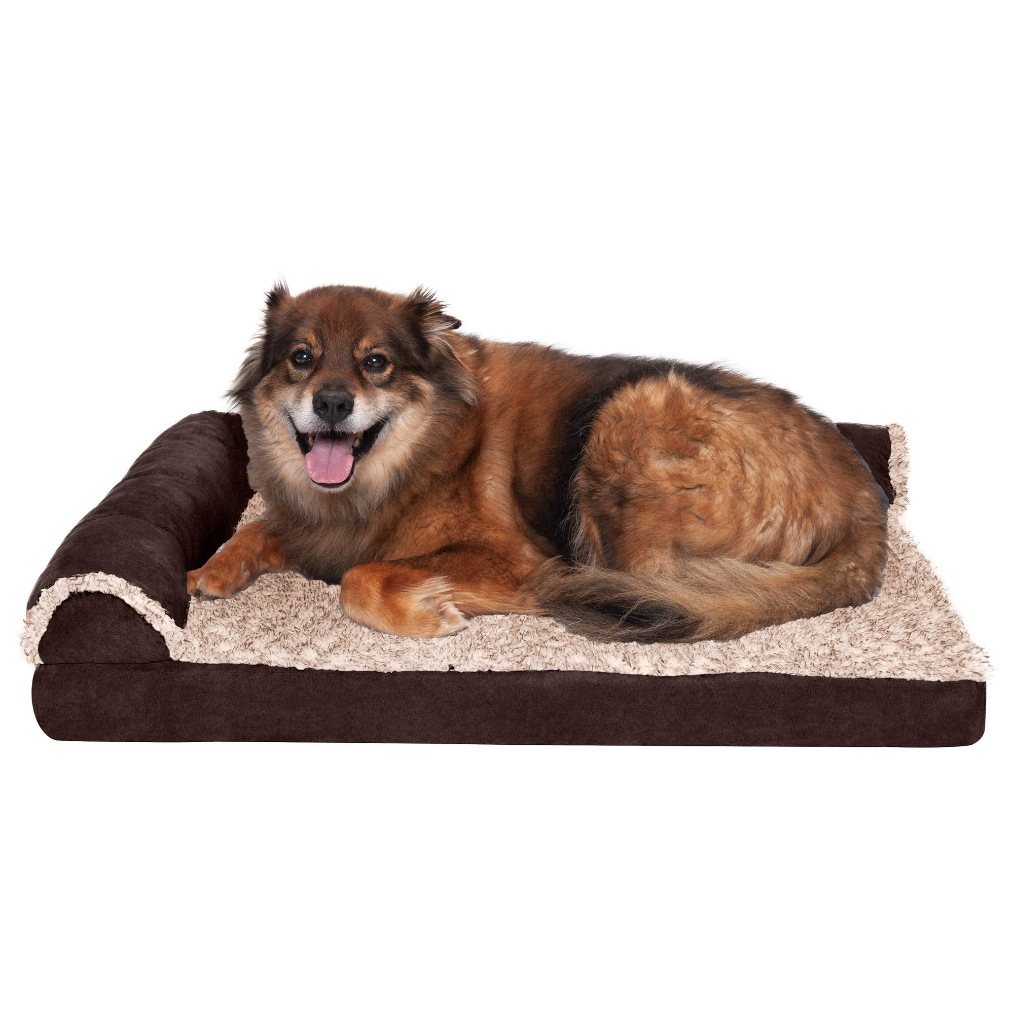 Furhaven Pet Products Two-Tone Faux Fur & Suede Memory Top Deluxe Chaise Lounge Pet Bed For Dogs & Cats - Espresso, Large