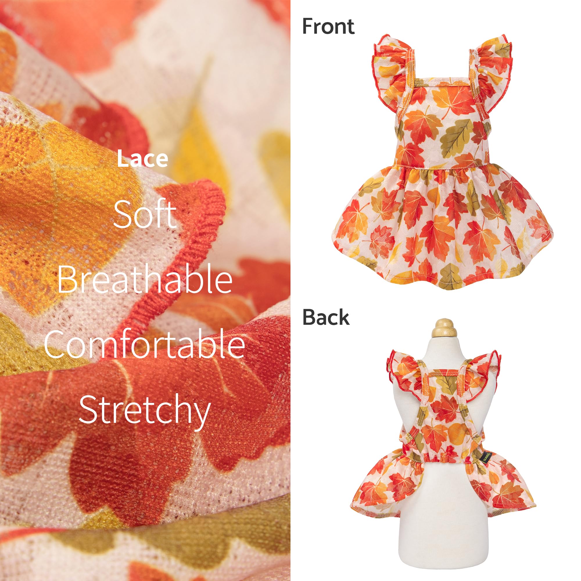 Fitwarm Maple Dog Dress, Ruffled Doggy Thanksgiving Dress, Fall Dog Clothes For Small Dogs Girl, Pet Outfit, Red, Orange, Medium