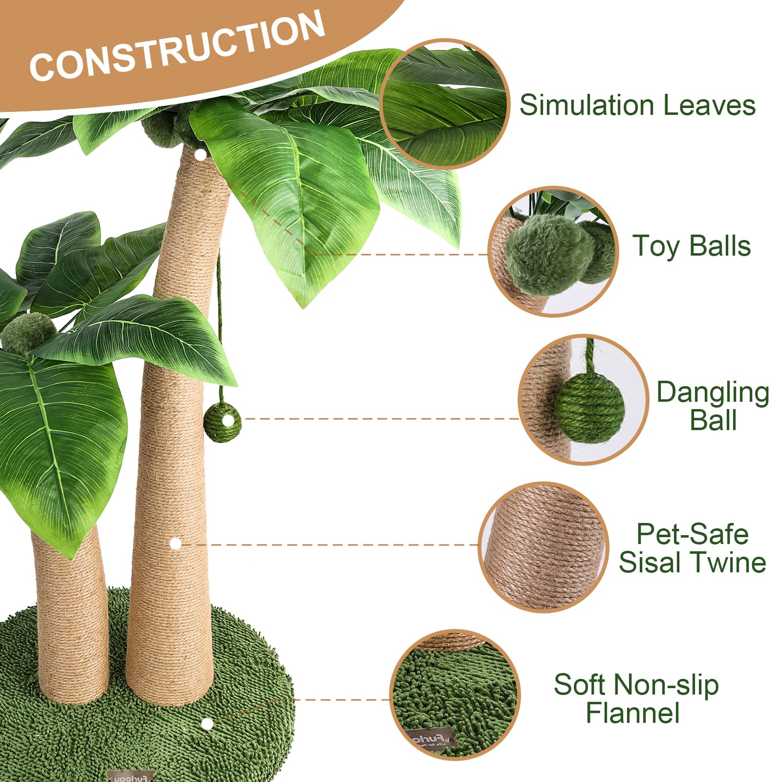 Furlogy Cat Scratching Post, 35'' Tall Cat Scratcher With Natural Sisal Rope, 5 Interactive Toy Balls And 2 Curved Design Scratc