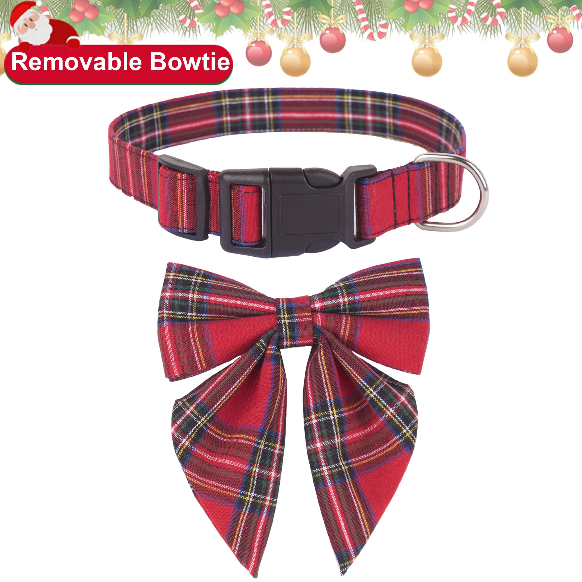 Adoggygo Christmas Dog Collar With Bow, Adjustable Cotton Red Plaid Bowtie Dog Christmas Collars For Large Dogs Pets (Large, Xmas)