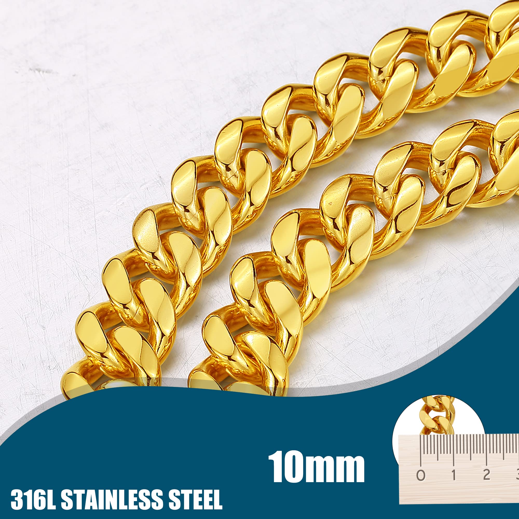 Idofas Gold Dog Chain Leash 18K Gold Stainless Steel Cuban Link Dog Leash With Leather Handle For Dogs Collar Chains(3Ft)