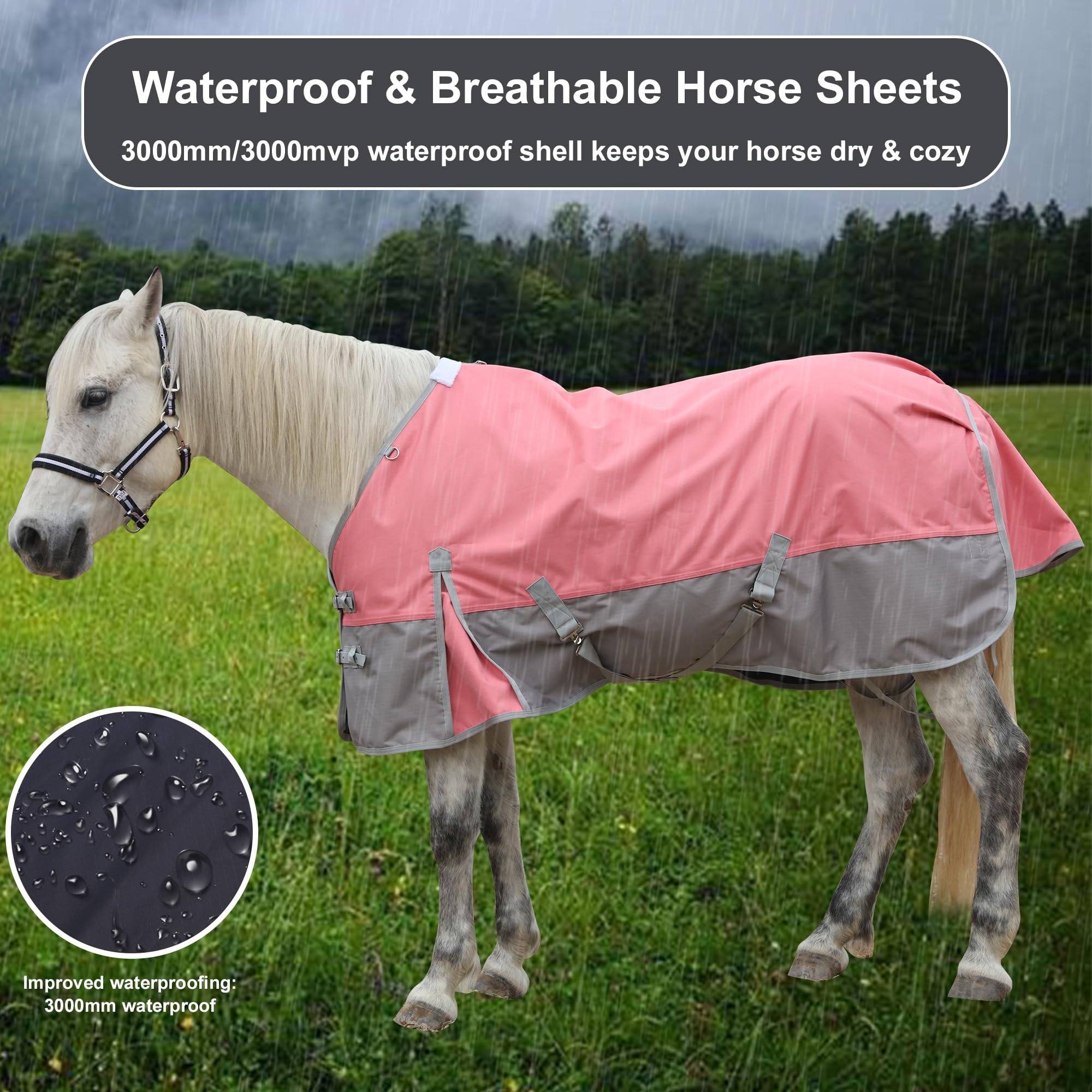 Gallopoff 1200 Denier Rip-Stop Turnout Rain Sheet Lightweight Waterproof Breathable Horse Blanket (No Fill) Pinkgrey 69''