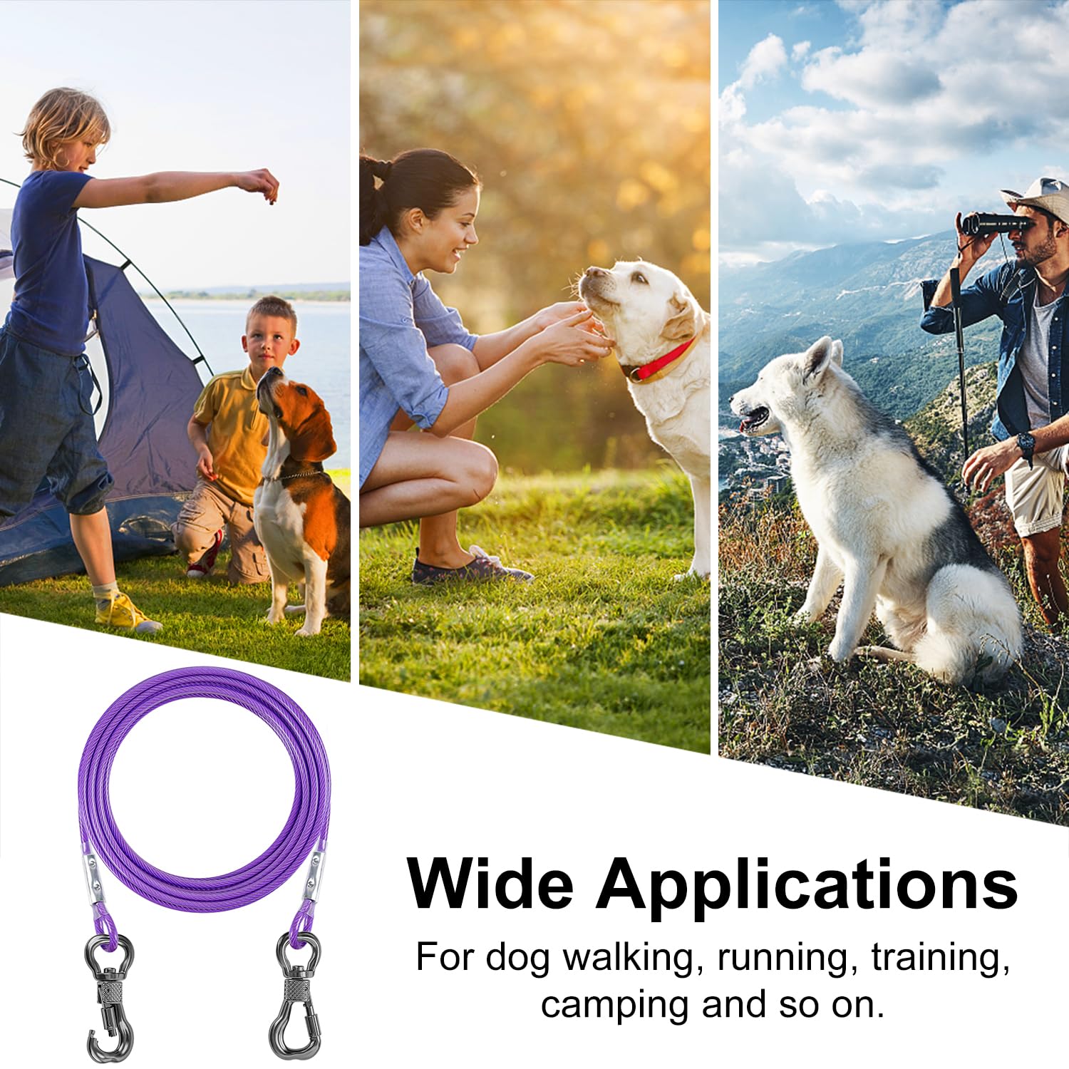 Tresbro 15Ft Reflective Dog Tie Out Cable For Dogs Up To 250 Pounds, Steel Wire Dog Leash Cable With Stainless Rotatable Buckle, Lightweight And Enduring, Dog Chains Outside For Outdoor, Yard, Purple