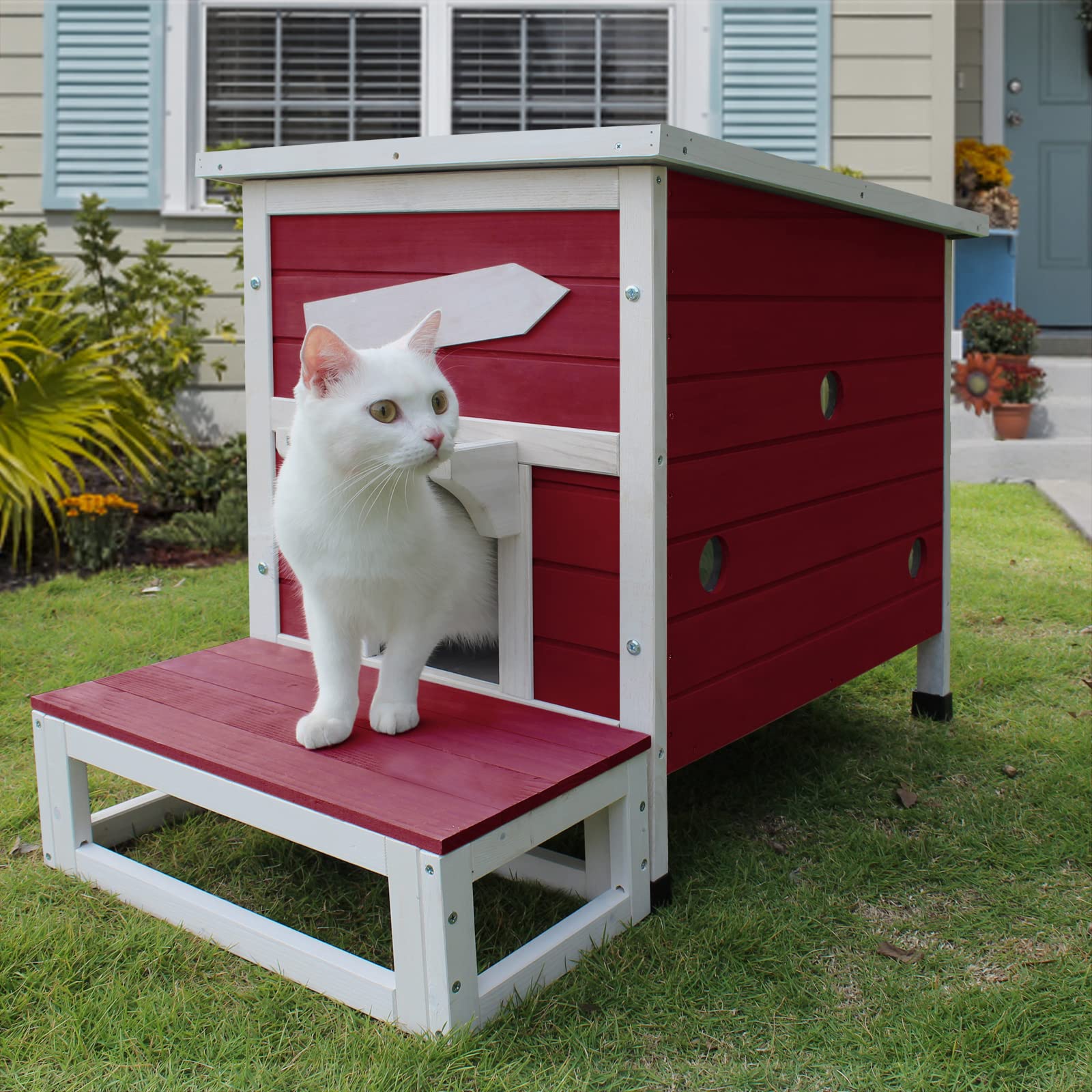 Rockever Outdoor Cat House, Large Outdoor Houses For Feral Cats Wooden Outside Cat Shelter Weatherproof With Escape Door