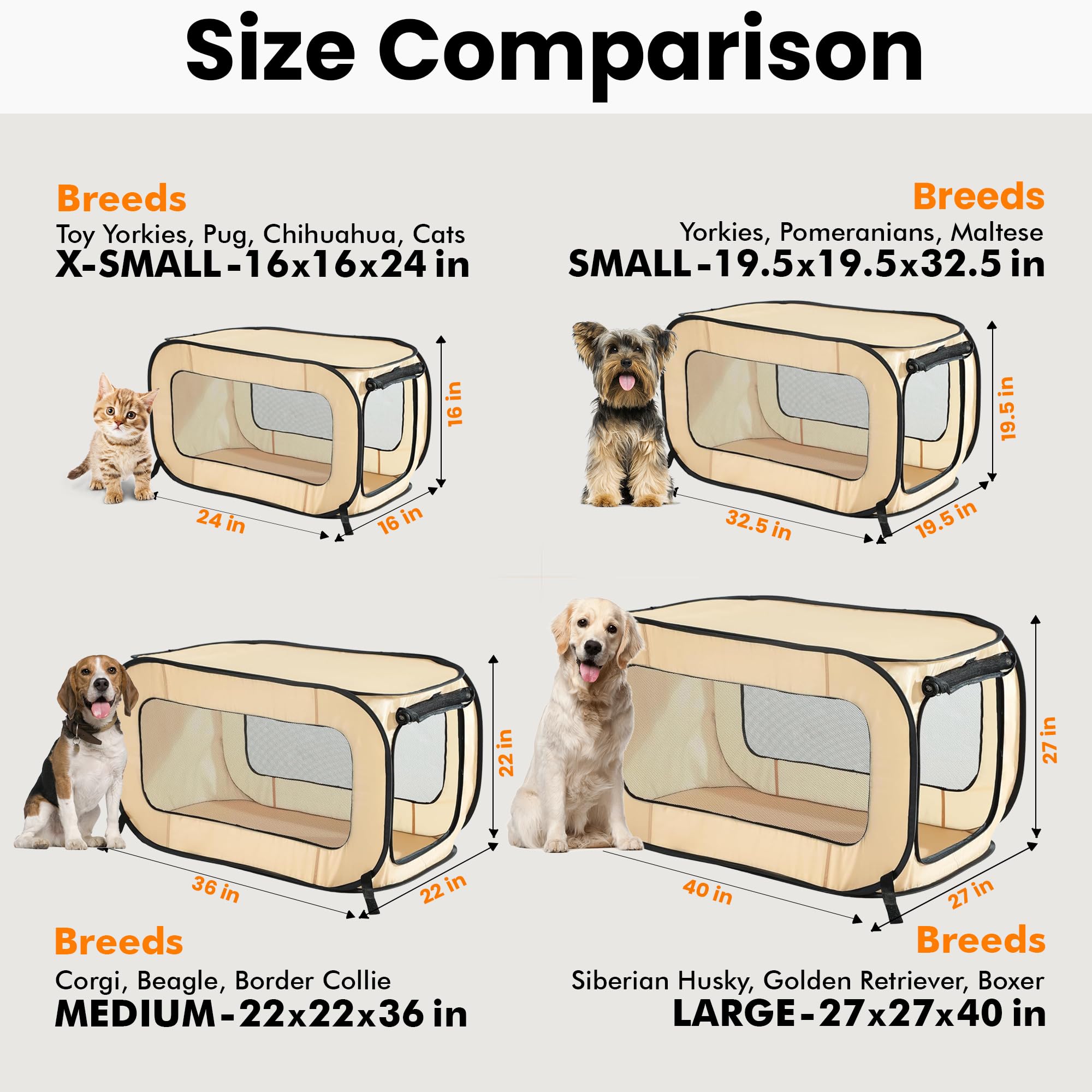 Beatrice Home Fashions Portable, Collapsible, Pop Up Kennel Travel Cat And Dog Crate, 36'' L X 22'' W X 22'' H, Beige
