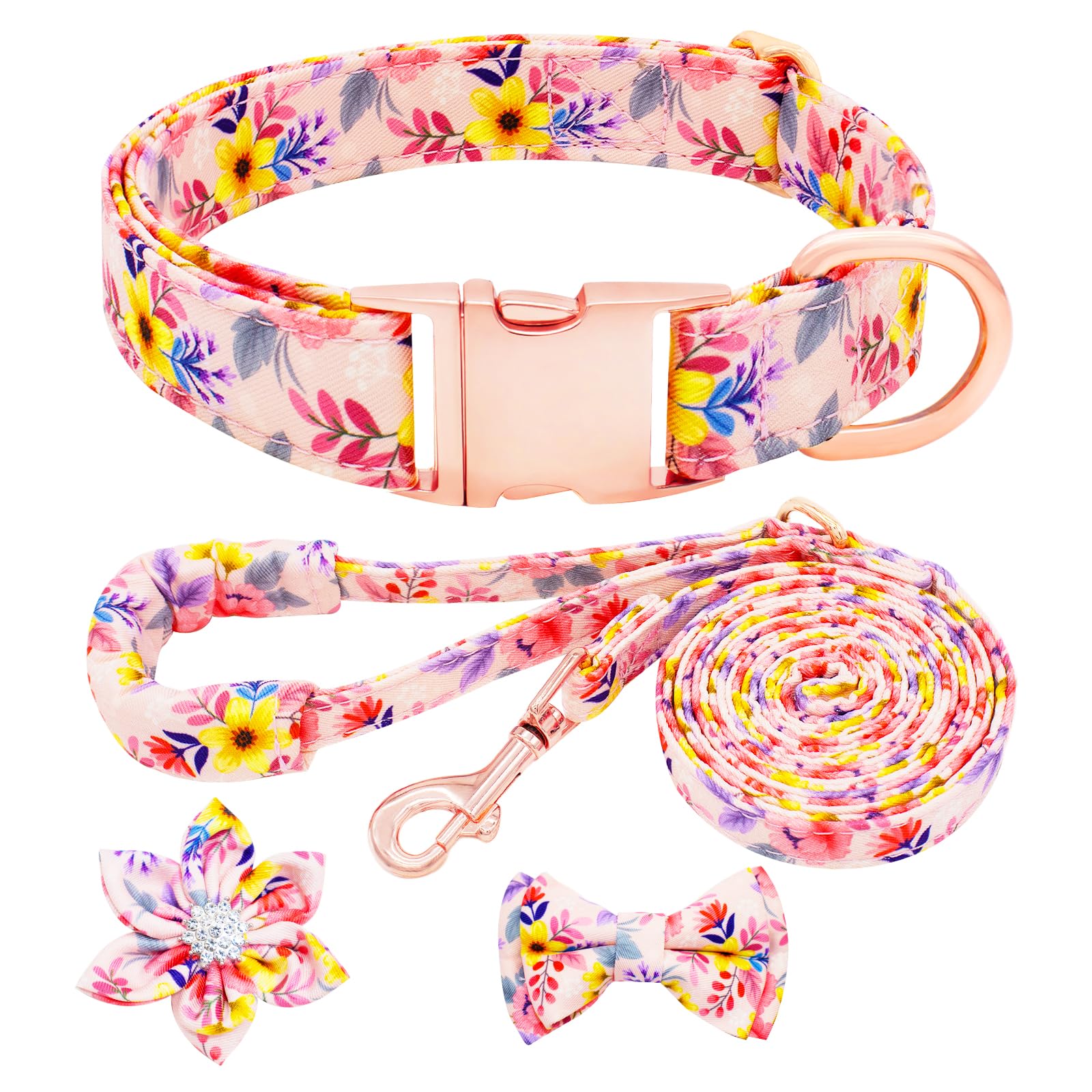 HSIGIO Dog Collar and Leash Set Girls Adjustable Puppy Collars with Floral Bow Tie for Small Medium Large Female Dogs, Pink Flow