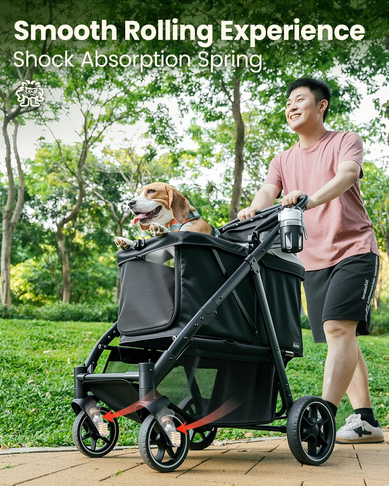 Pawccoli Medium Dog Stroller, Foldable Pet Stroller with Adjustable Handle & No Zip Entry, Storage Basket & Cup Holder, Canopy,