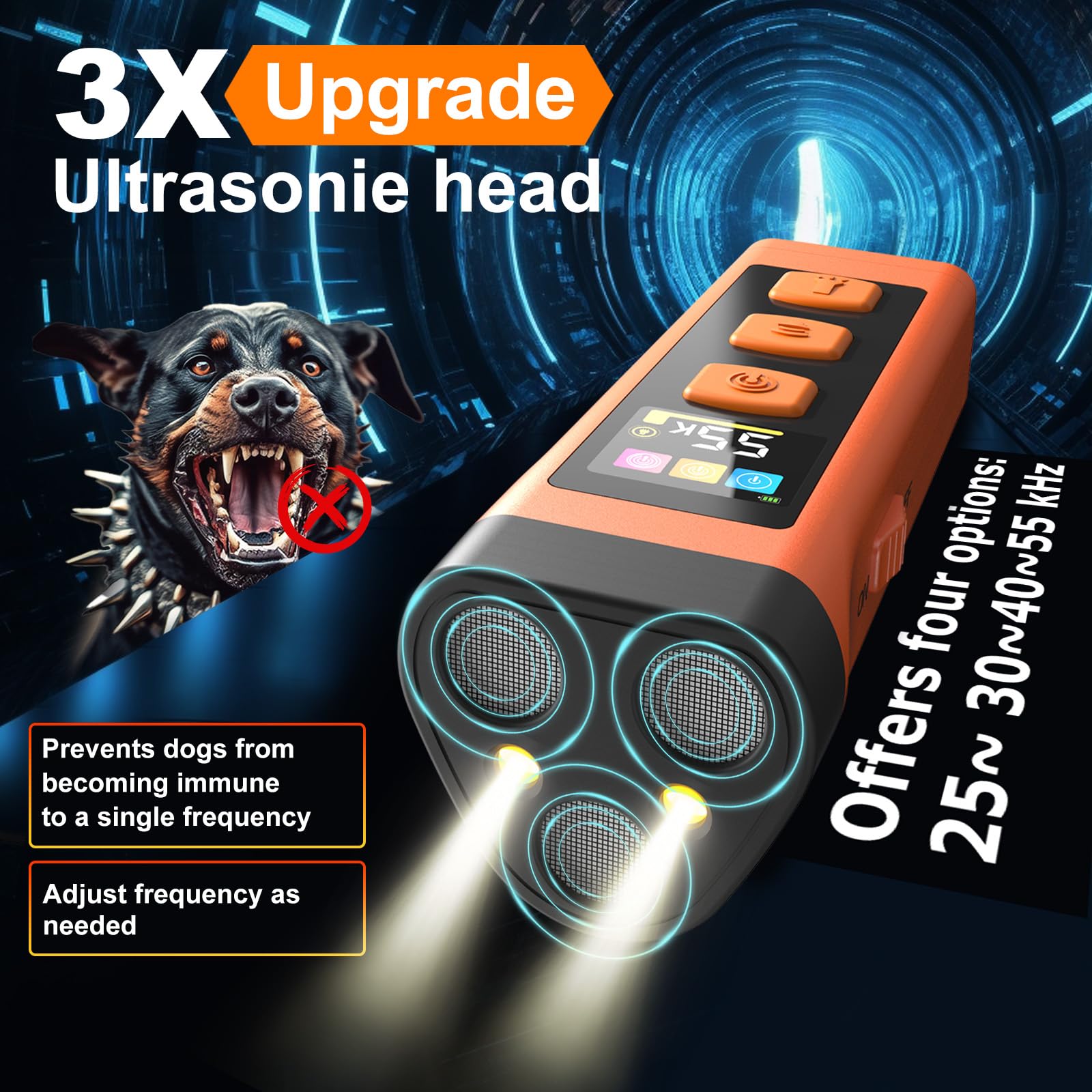 Dog Bark Deterrent Device, Color Display 2000 Mah Rechargeable Ultrasonic Anti-Barking Trainer With 4 Frequency Settings 25/30/4