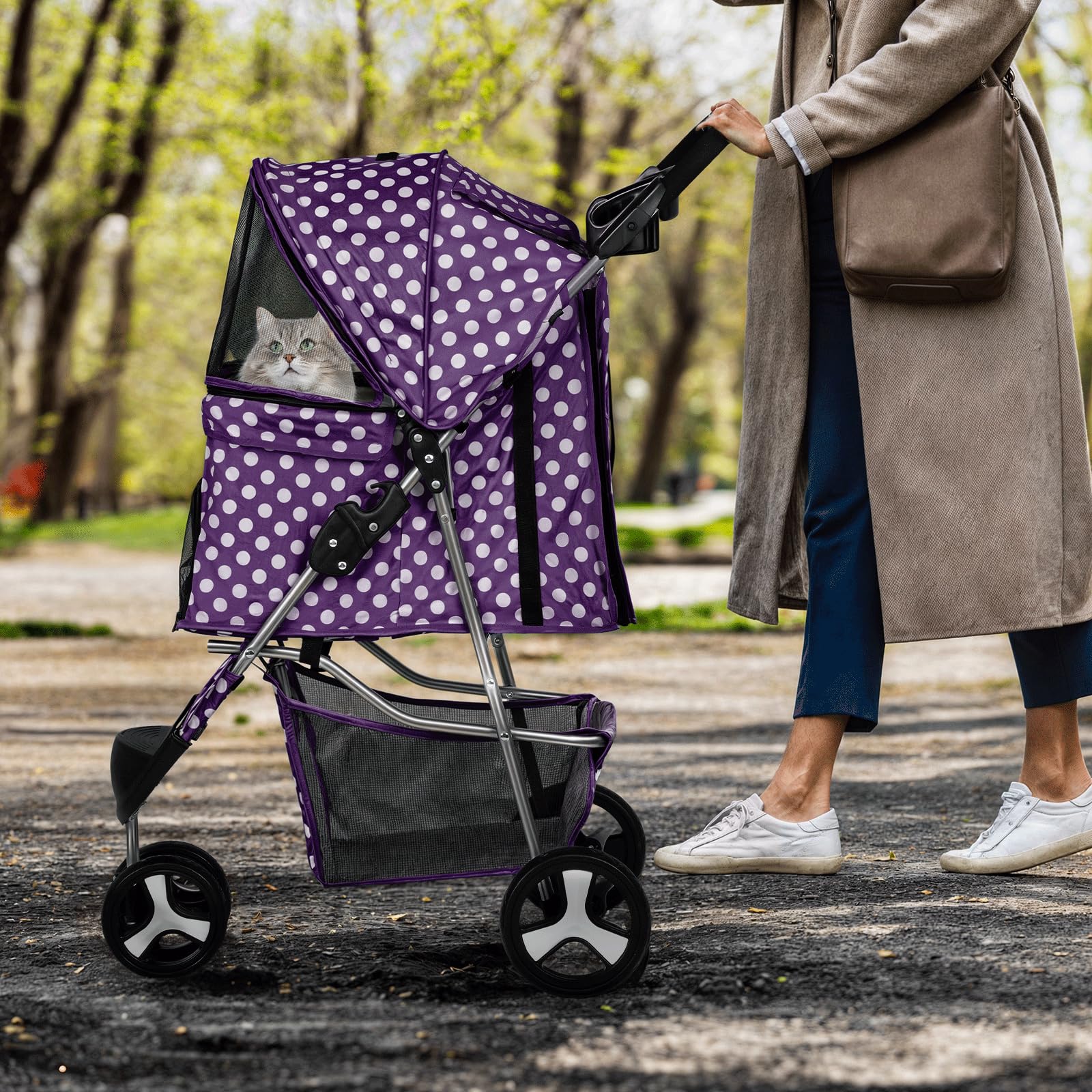 MoNiBloom 3 Wheels Pet Dog Cat Stroller for Small Medium Dogs Cats, Foldable Jogger Stroller w/Storage Basket and Cup Holder, Pu