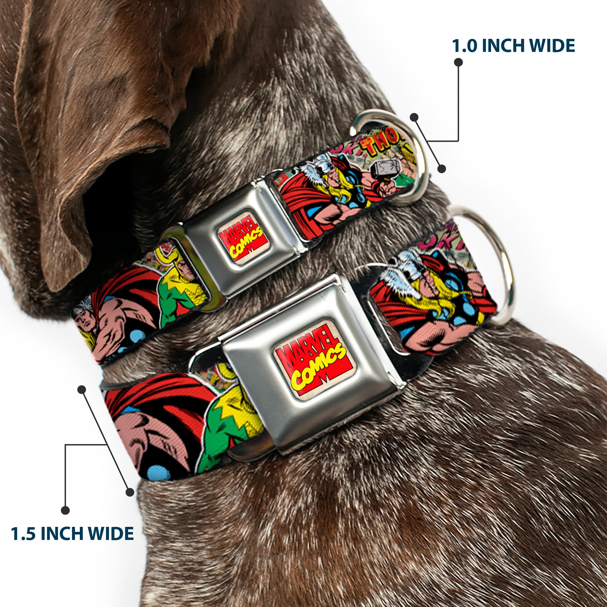 Buckle-Down Seatbelt Buckle Dog Collar - Thor & Loki Poses/Retro Comic Books Stacked - 1' Wide - Fits 15-26' Neck - Large