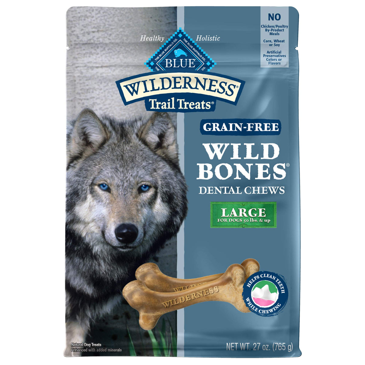 Blue Buffalo Wilderness Wild Bones Grain Free Dental Chews Dog Treats, Large 27-Oz Bag