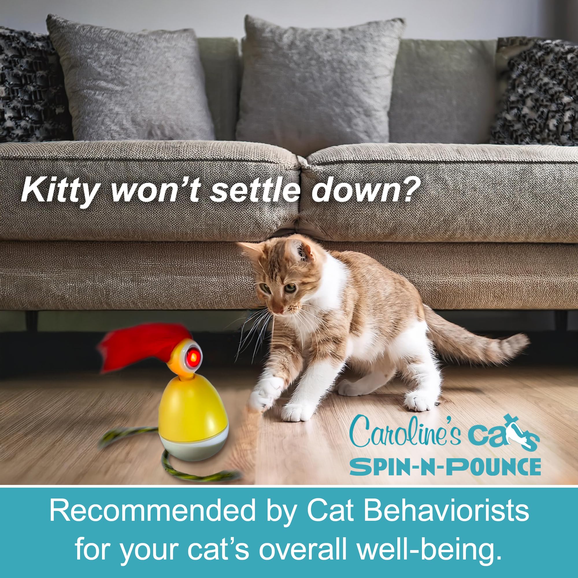 Caroline'S Cats Automatic Cat Toy - Rechargeable Spin-N-Pounce With Touch Sensor, Silent Motor, 360-Degree Rotation, Interactive
