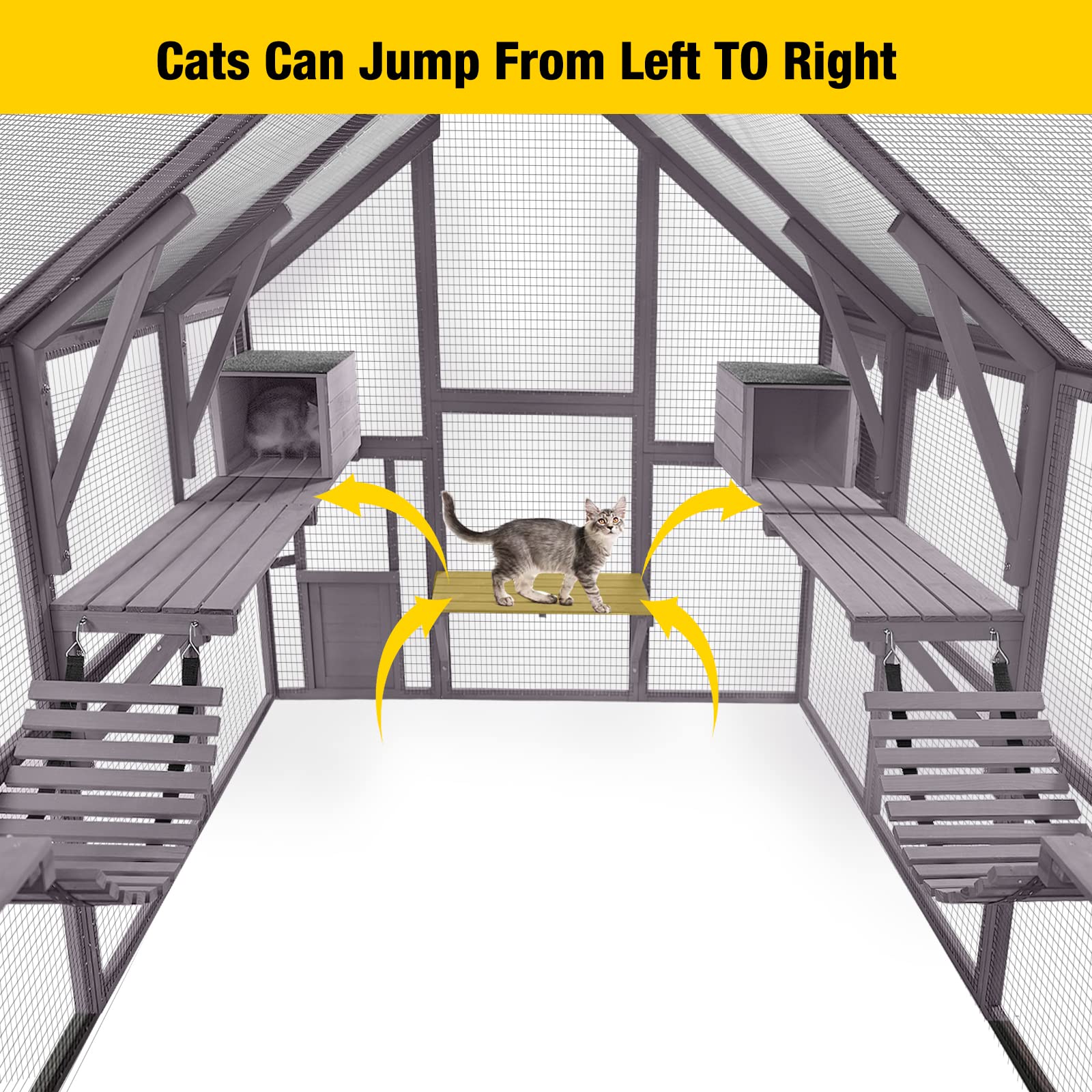 Aivituvin Catio Outdoor Cat Enclosure Large Cat Run With Bridges, Walks, Small Houses, Roof Cover 110'