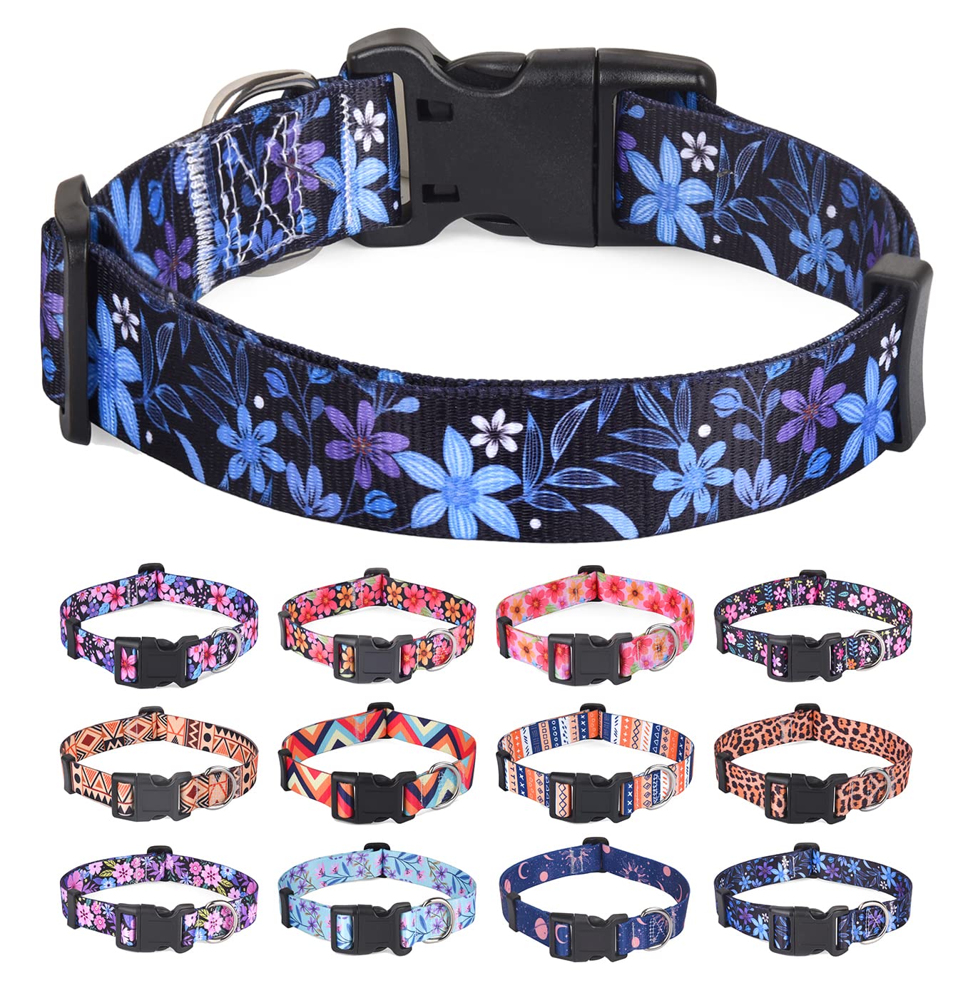Hqyddmi Dog Collars With Floral Print, Soft Comfortable Adjustable Collars For Small Medium Large Dogs, Floral Pattern For Girl Boy Dogs(Blue Floral,L)