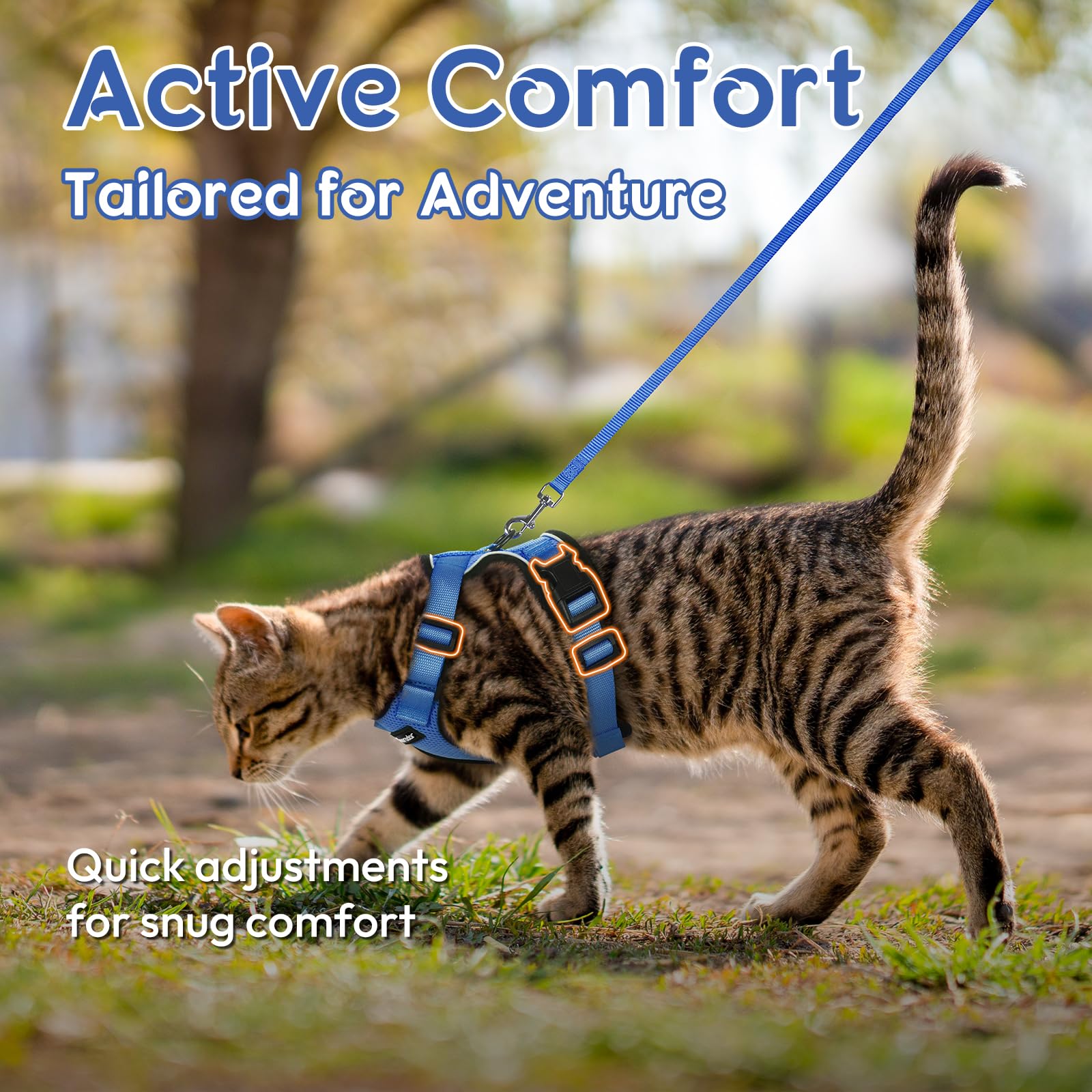 Dooradar Cat Harness and Leash Set, Adjustable XS Blue Nylon Vest with Reflective Strips, Escape Proof for Safe Walking