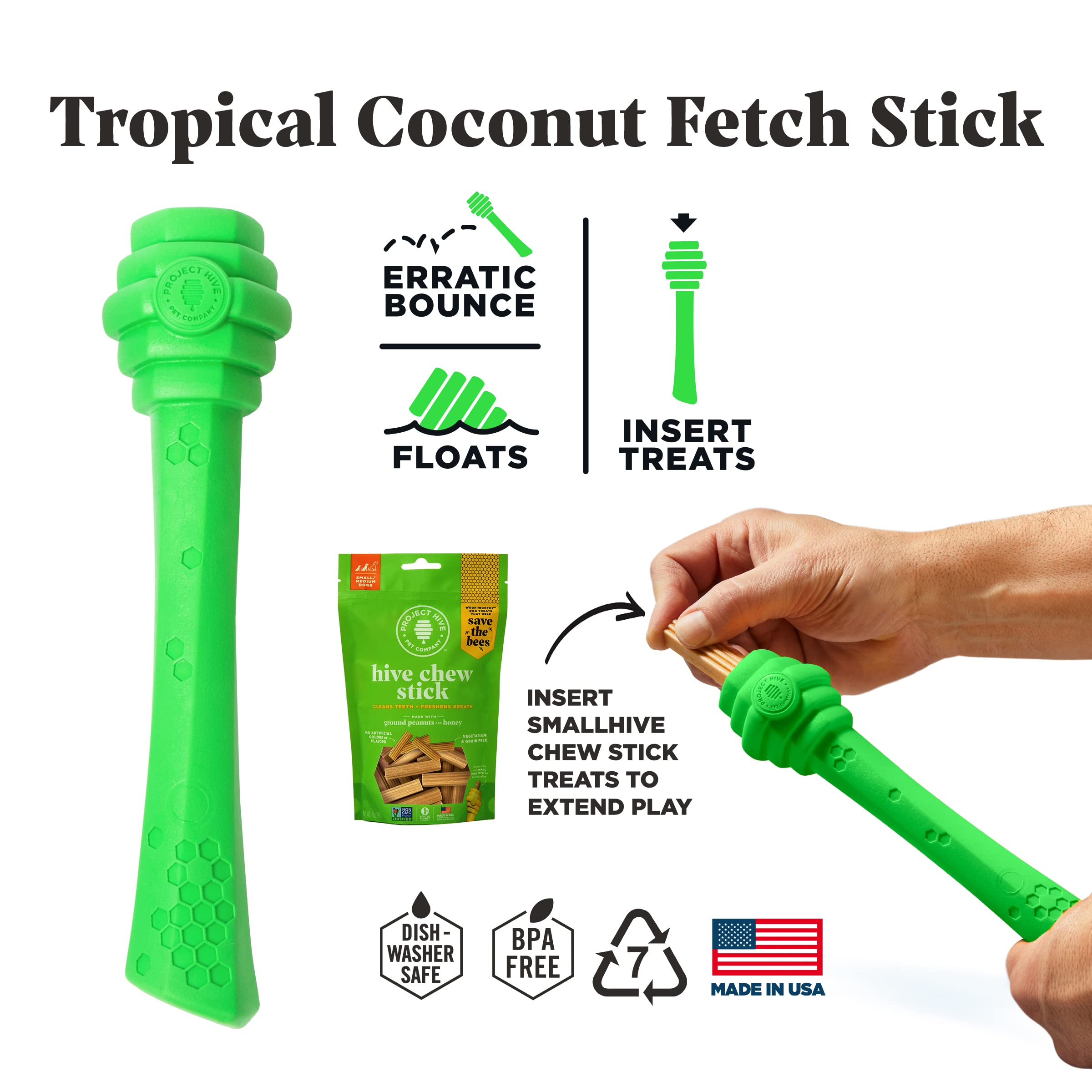 Project Hive ·Pet Company· - Tropical Coconut Scented - Hive Dog Fetch Stick For Large Breeds - Dog Stick Toy - Floats In Water - Treat Dispenser Toy - Durable And Tough - Made In The Usa