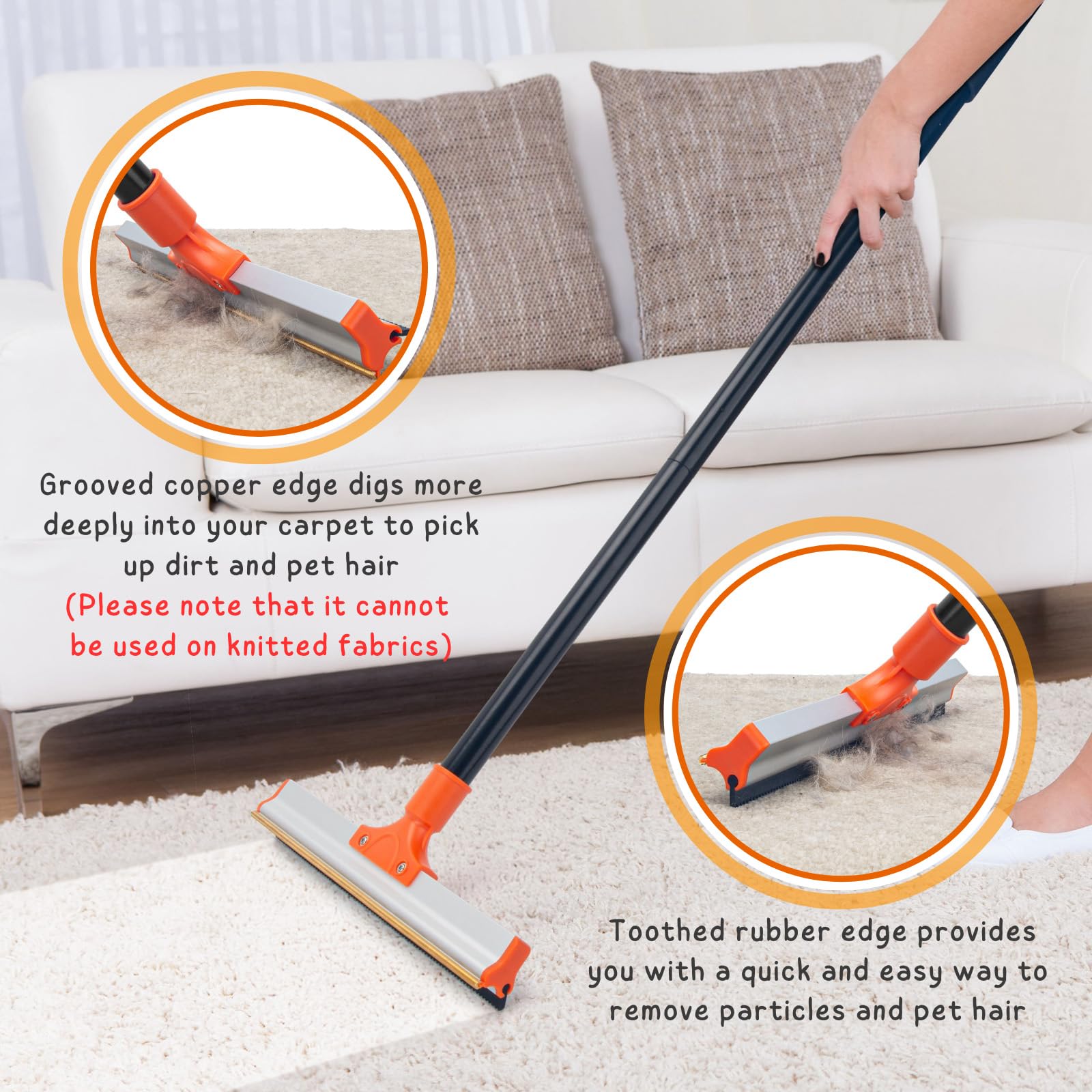 Carpet Rake For Pet Hair Removal, 57' Long Handle Dog And Cat Hair Remover Tool To Fluff Rug, Stair Carpets And Couch Cleaning