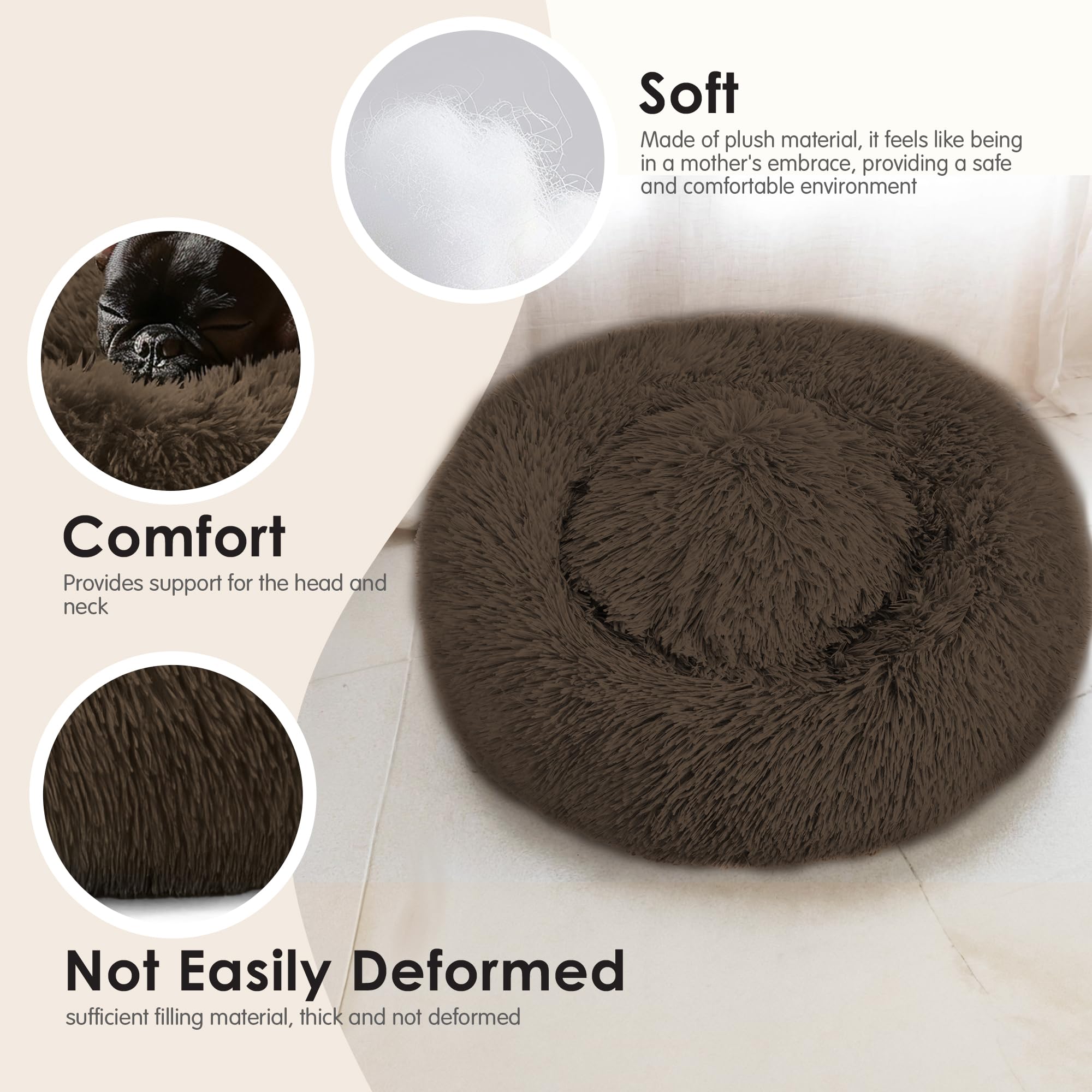 Dogs Bed for Small Dogs, Anti-Anxiety Washable Round Bed (Coffee, 24.0 L x 24.0 W x 8.0 Th)