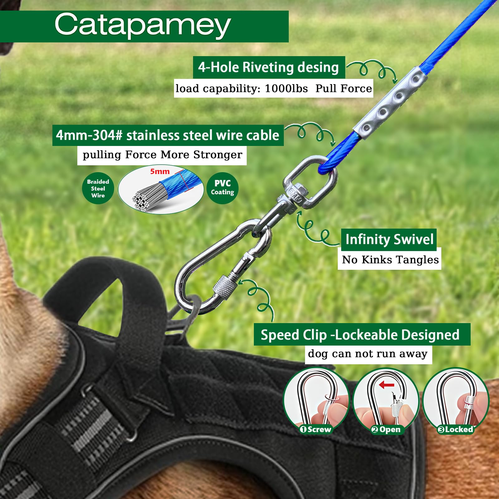 Catapamey Dog Tie Out Cable And Stake For Yard,(Up To 200Lbs) 360Swivel Dog Run Anchors- No Tangle,With 30Ft Heavy Duty Tie Out