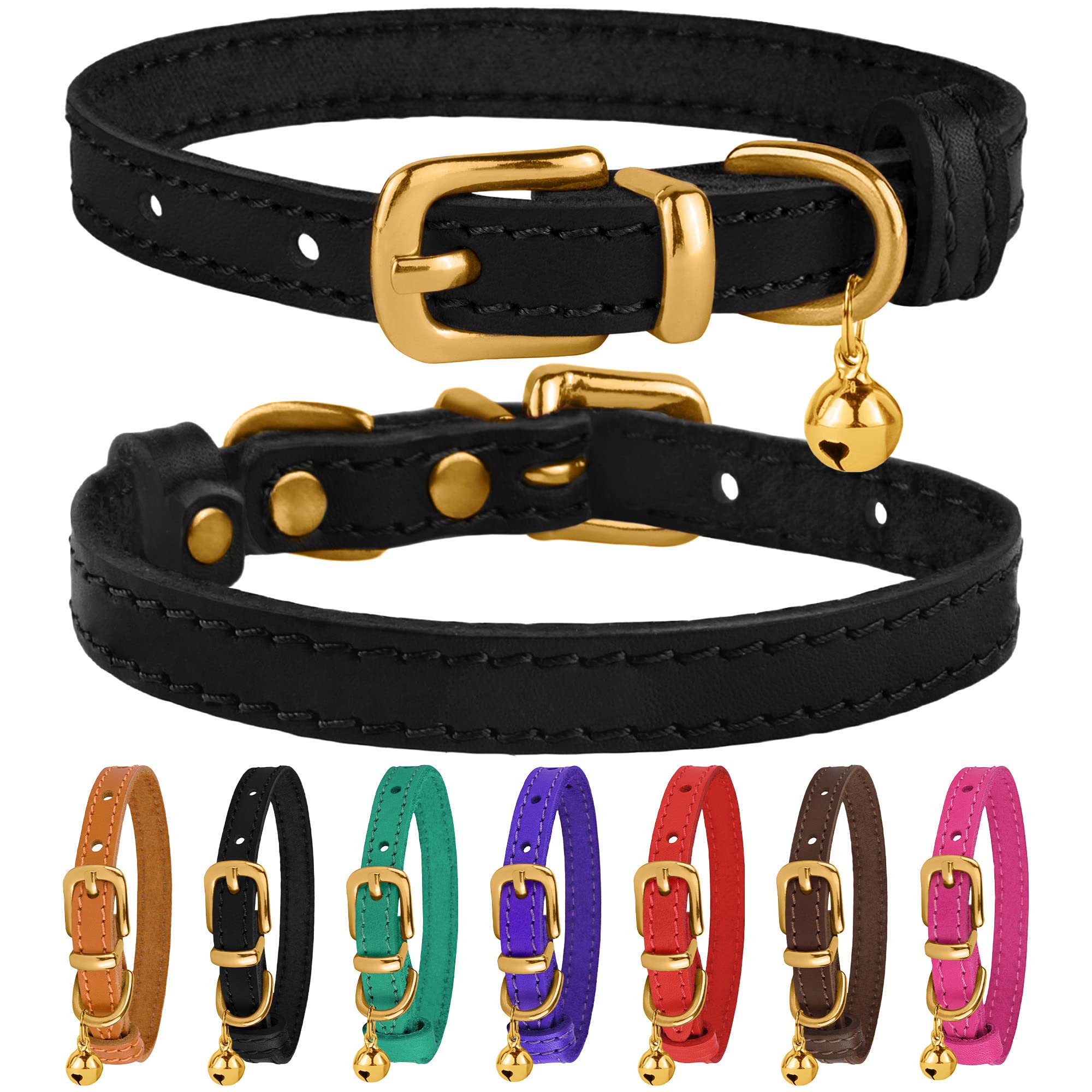 Bronzedog Leather Cat Collar With Bell Non Breakaway Kitten Qr Tag For Girl Boy (7'' - 9'' For Cats, Black & Gold)
