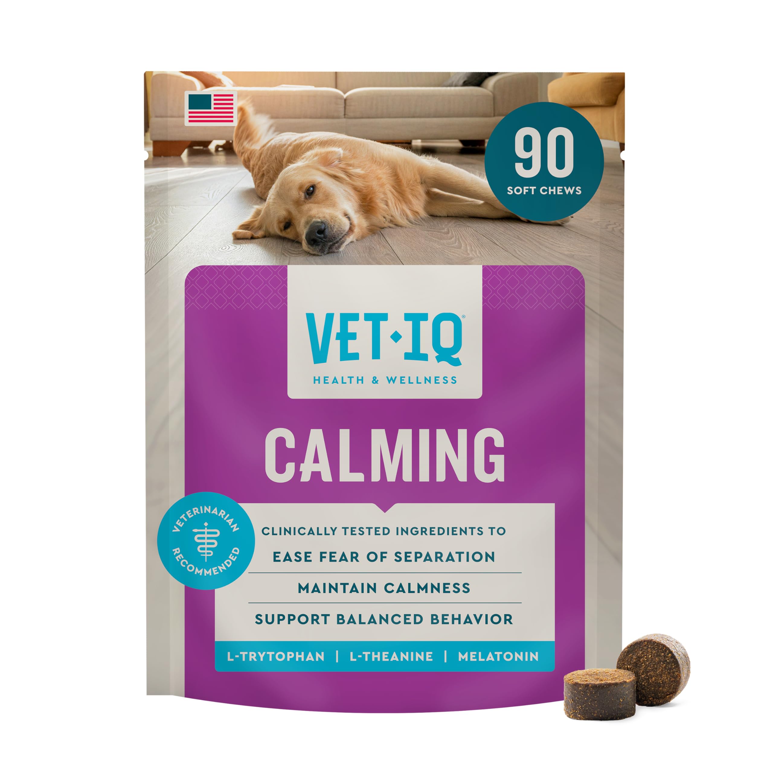 VetIQ Calming Support Dog Anxiety Relief Chews 90 Count, Veterinarian Recommended Stress Management and Behavioral Health Supple