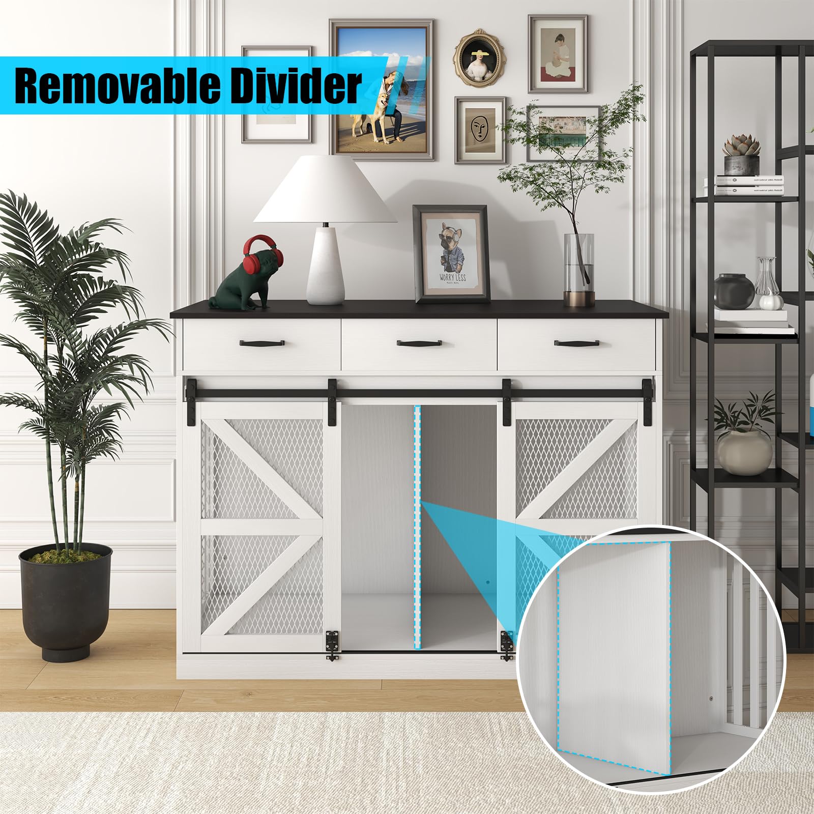 47 Inch Wooden Dog Crate Furniture for 2 Dogs with Removable Divider & Storage Drawers, Double Door Kennel for Medium and Extra