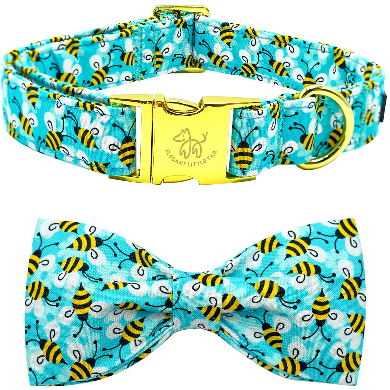 Elegant little tail Dog Collar, Blue Bees Print Dog Collar with Bow Tie Summer Dog Collar Pet Collar Boy Girl Cute Bowtie Collar
