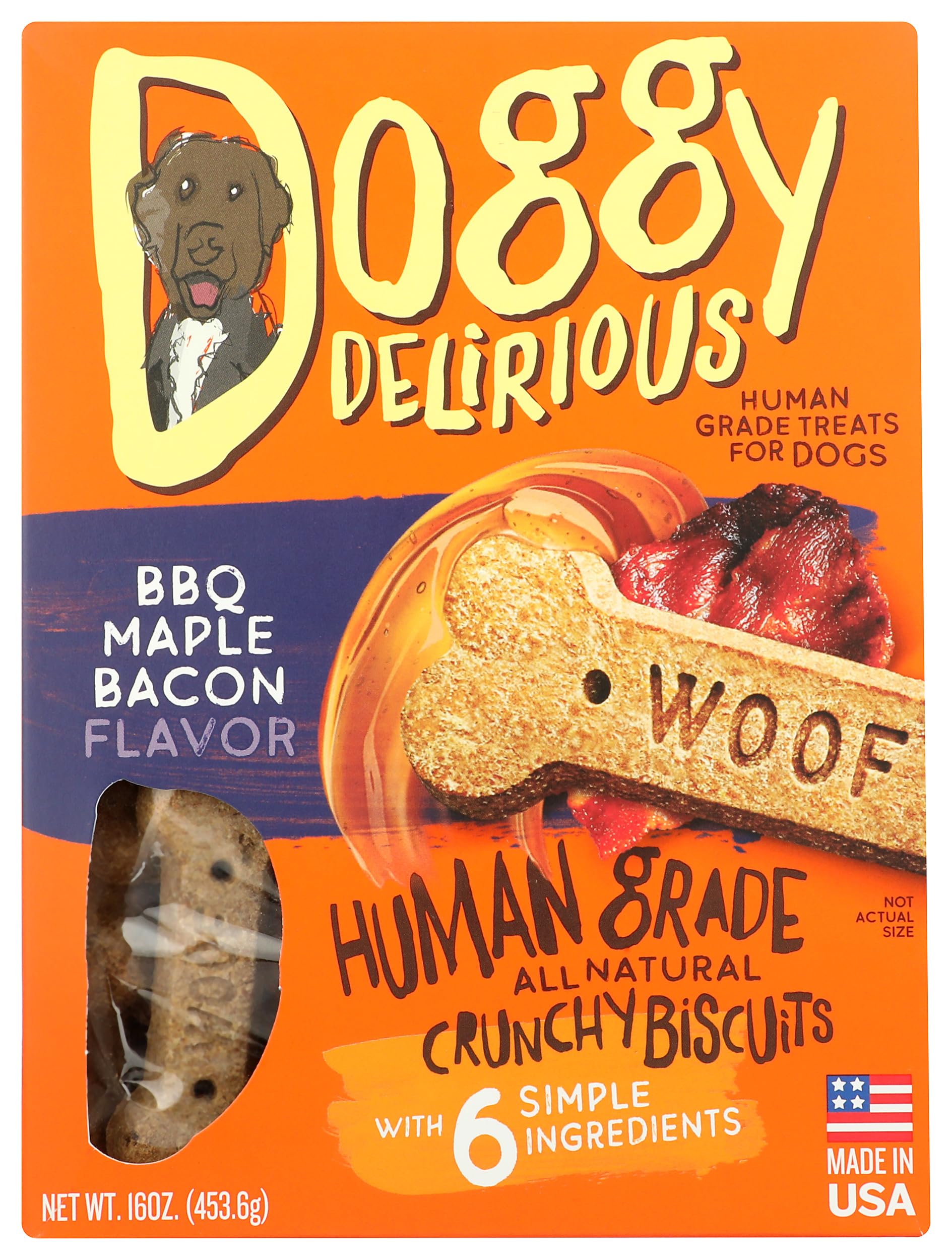 Doggy Delirious BBQ Maple Bacon Flavored Crunchy Bone Biscuit Dog Treats, Non GMO, 16 Ounce (Pack of 6)